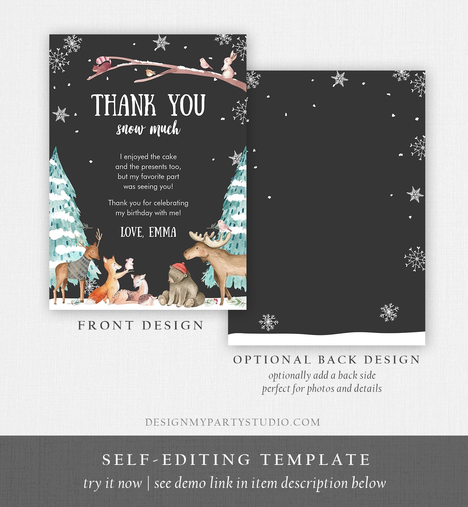 Editable Winter ONEderland Birthday Thank You Card First Birthday Woodland Thank you card Template Instant Download Digital Corjl 0195