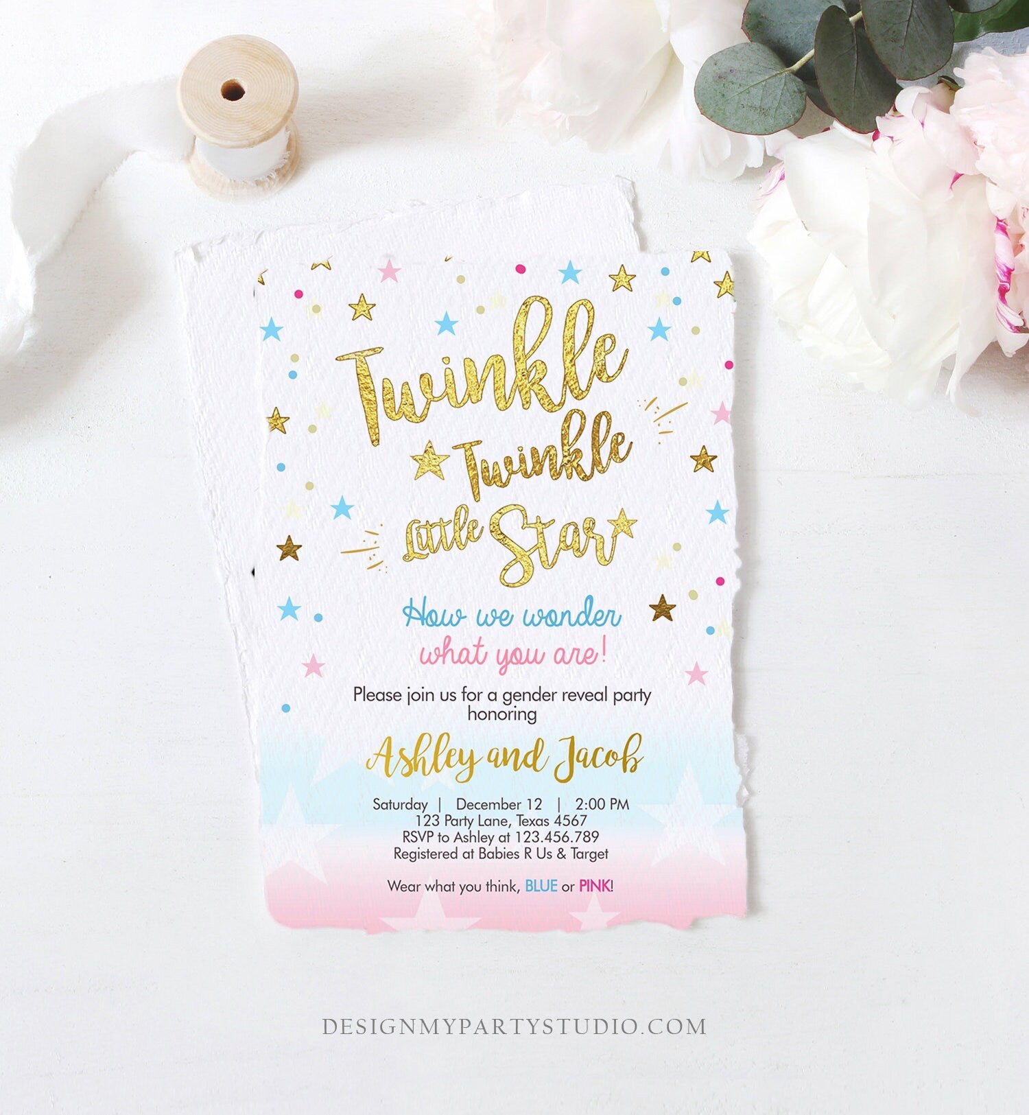 Editable Gender Reveal Invitation Baby Shower Twinkle Twinkle Little Star Blue or Pink He or She Gold Pink Blue Download Corjl Template 0235