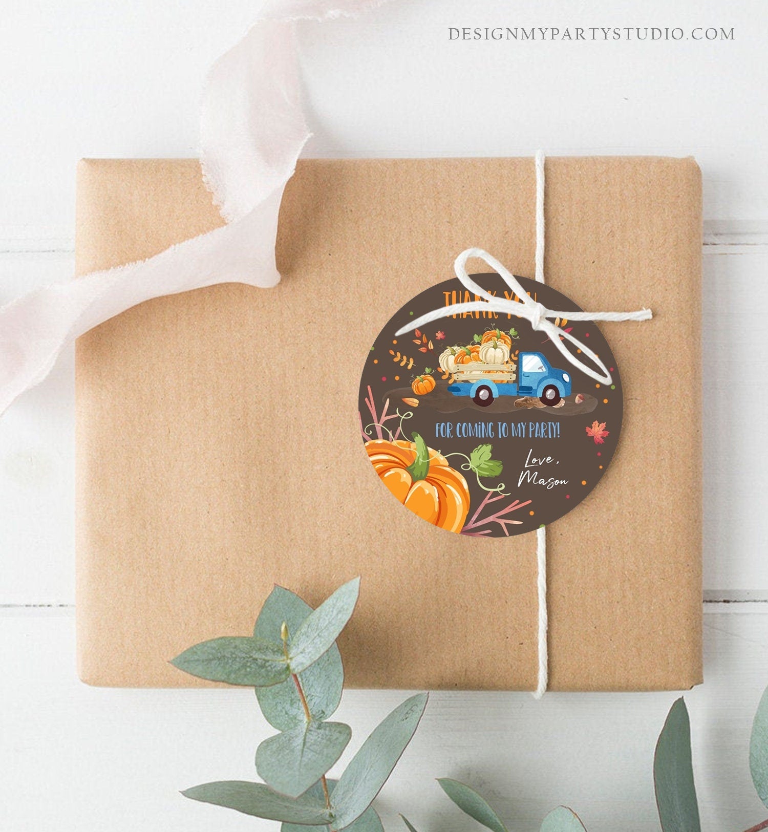 Editable Pumpkin Thank you Tags Pumpkin Truck Stickers Pumpkin Birthday Fall Autumn Blue Brown Boy Favor Tags Template Corjl 0153