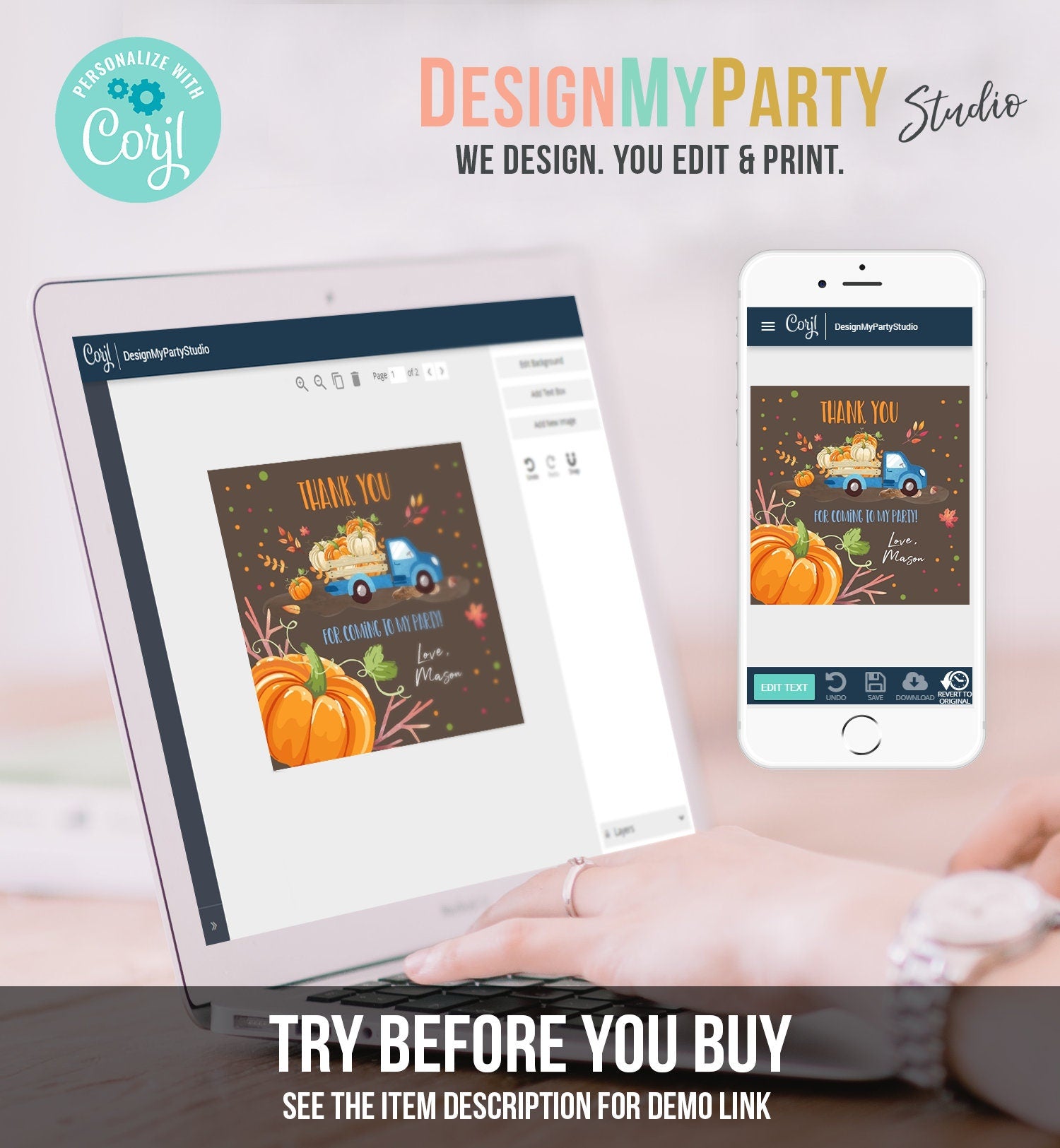 Editable Pumpkin Thank you Tags Pumpkin Truck Stickers Pumpkin Birthday Fall Autumn Blue Brown Boy Favor Tags Template Corjl 0153