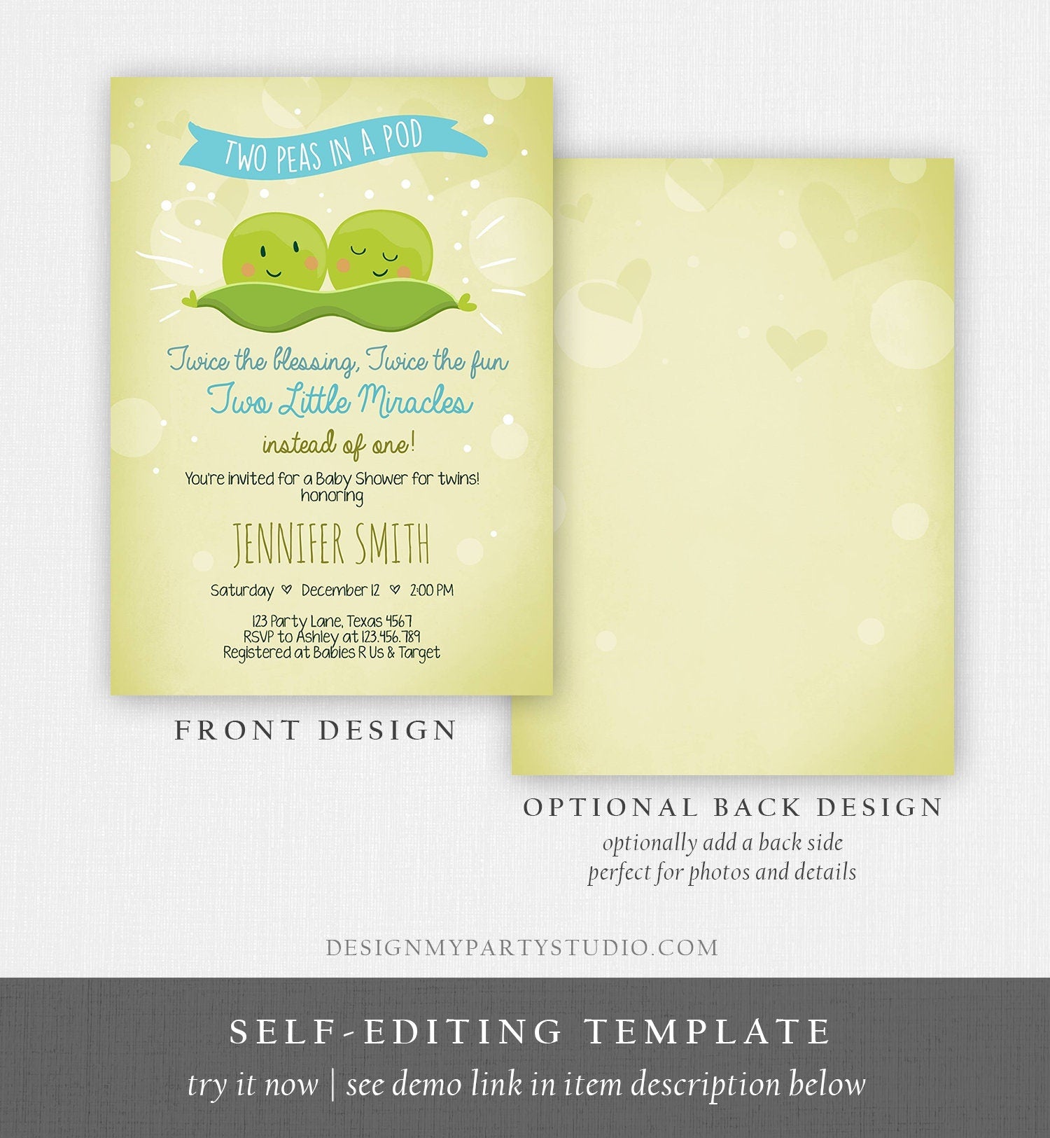 Editable Twin Baby Shower Invitation Boys Two Peas In a Pod Baby Shower Blue Twins Invitation Sweet Pea Template Download Digital Corjl 0020