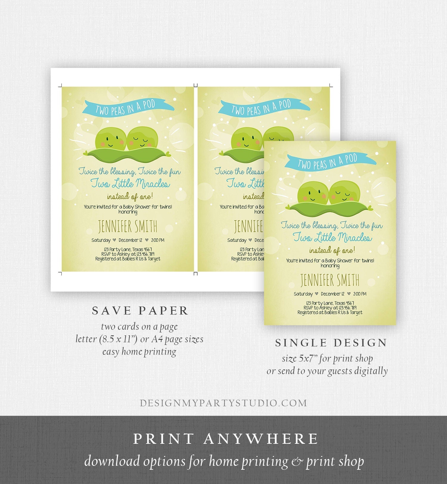 Editable Twin Baby Shower Invitation Boys Two Peas In a Pod Baby Shower Blue Twins Invitation Sweet Pea Template Download Digital Corjl 0020