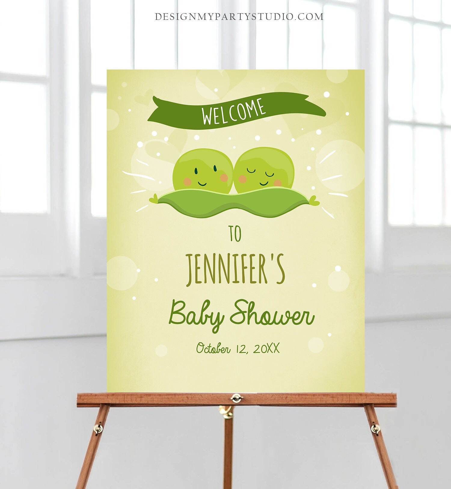Editable Peas in a Pod Welcome Sign Twin Baby Shower Welcome Personalized Baby Sprinkle Sweet Pea Theme Gender Neutral Corjl Template 0020
