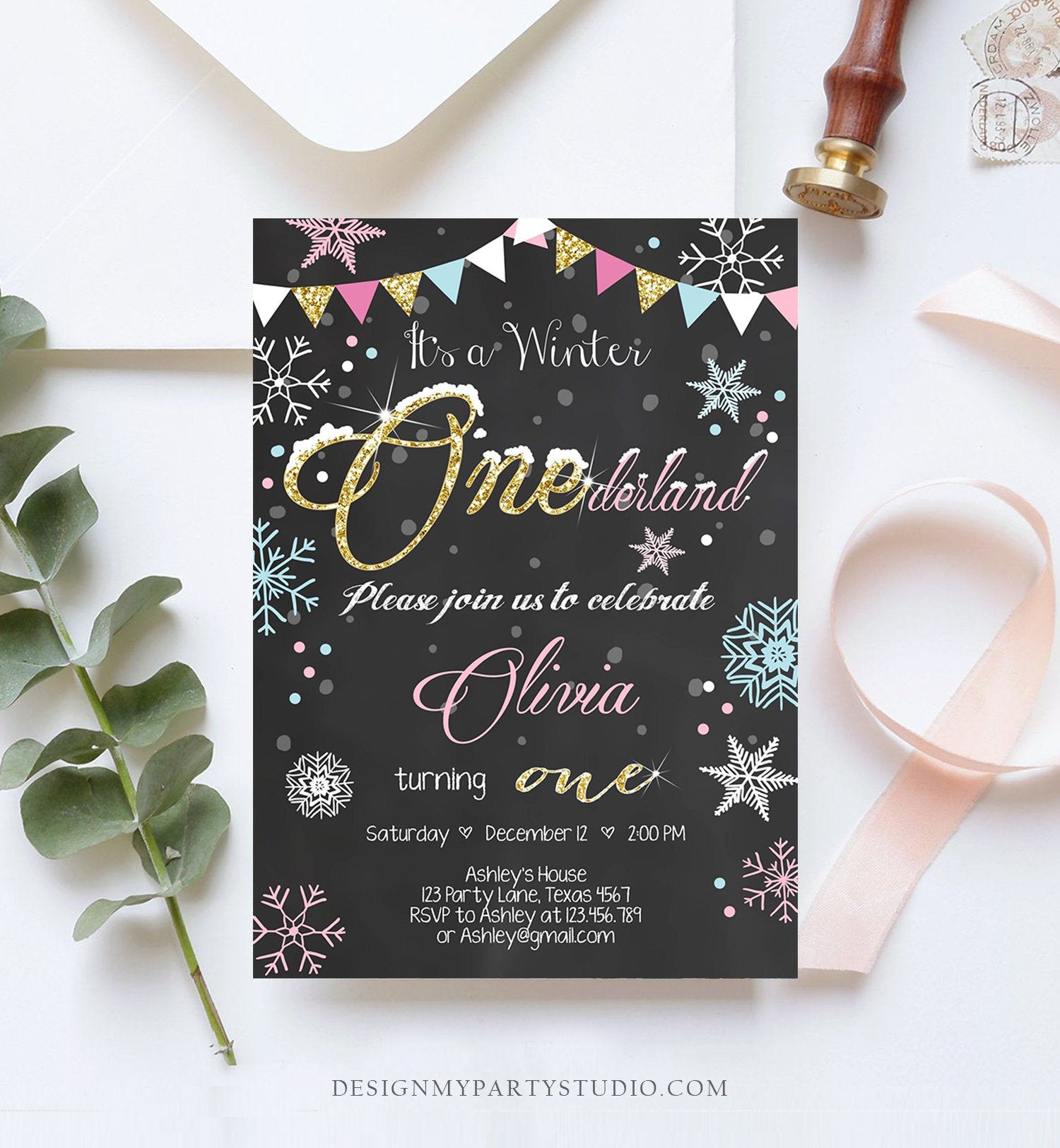 Editable Winter ONEderland Birthday Invitation First Birthday Snowflake Girl Pink Gold Download Printable Invitation Template Corjl 0034