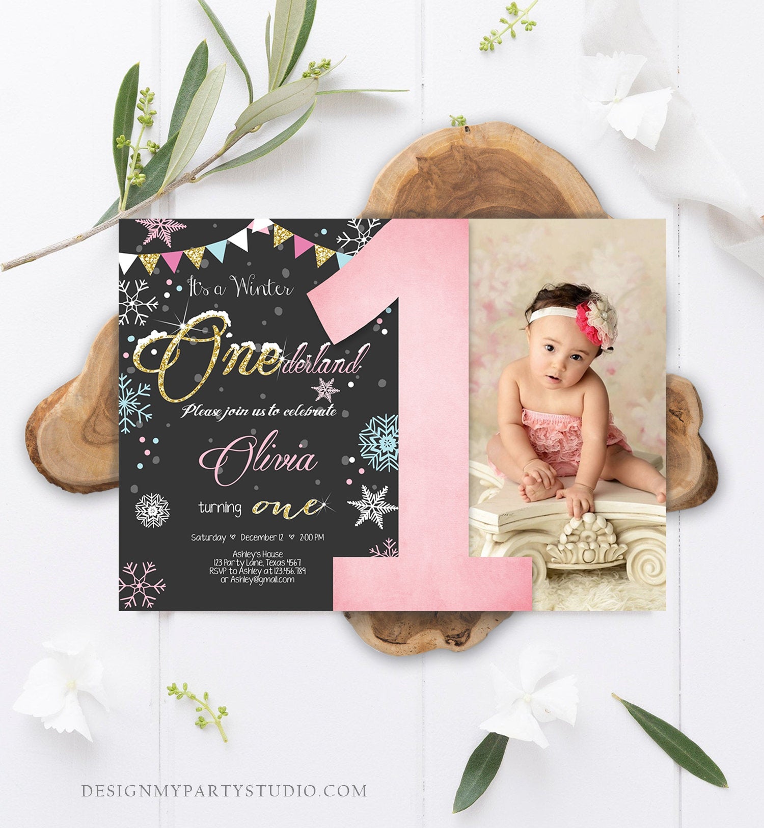 Editable Winter ONEderland Birthday Invitation First Birthday Snowflake Girl Pink Gold Download Printable Invitation Template Corjl 0034