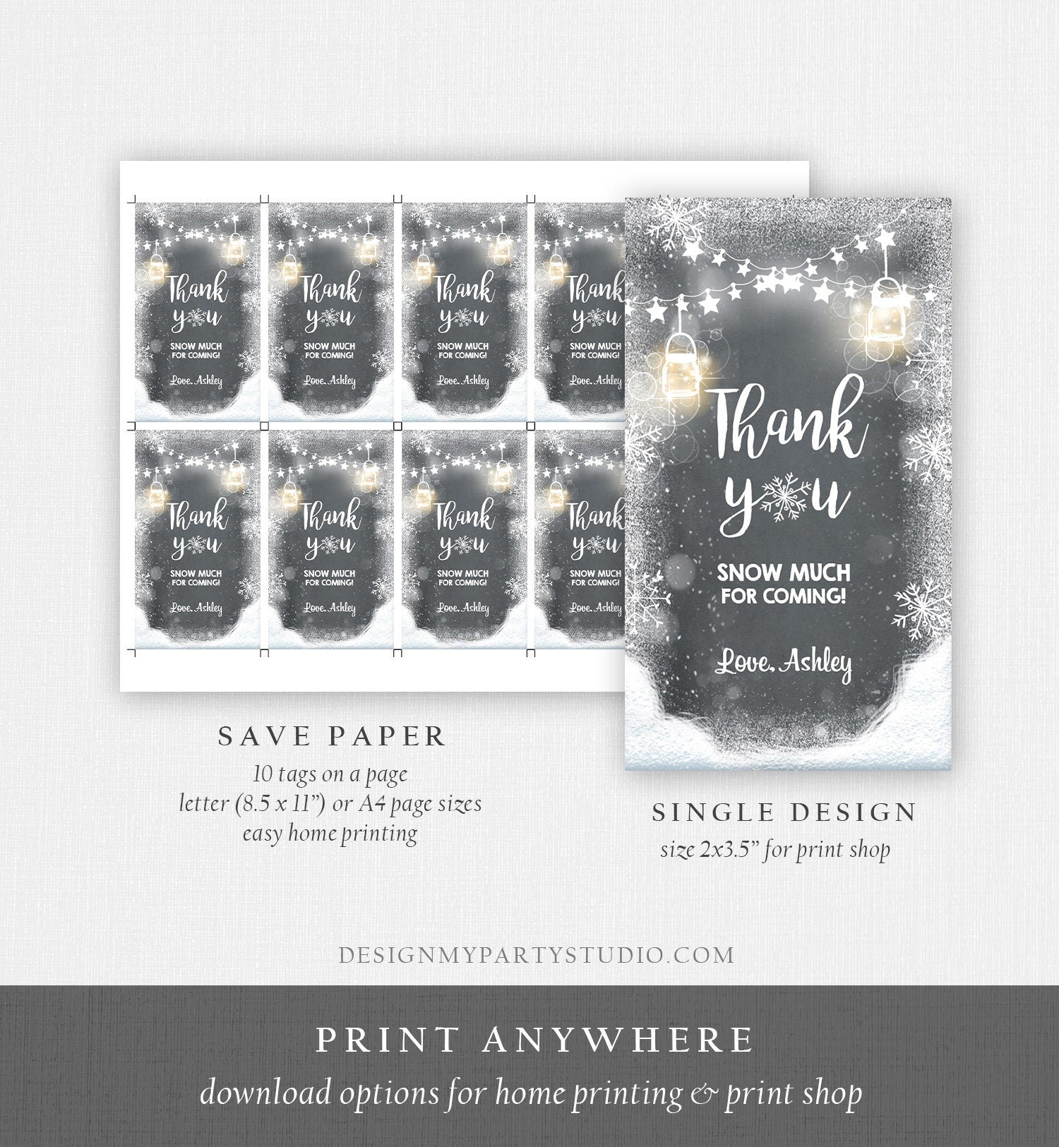 Editable Winter Thank you tags Baby Shower Favor Tags Rustic Black Snowflakes Snow Winter Onederland Birthday Template PRINTABLE Corjl 0031