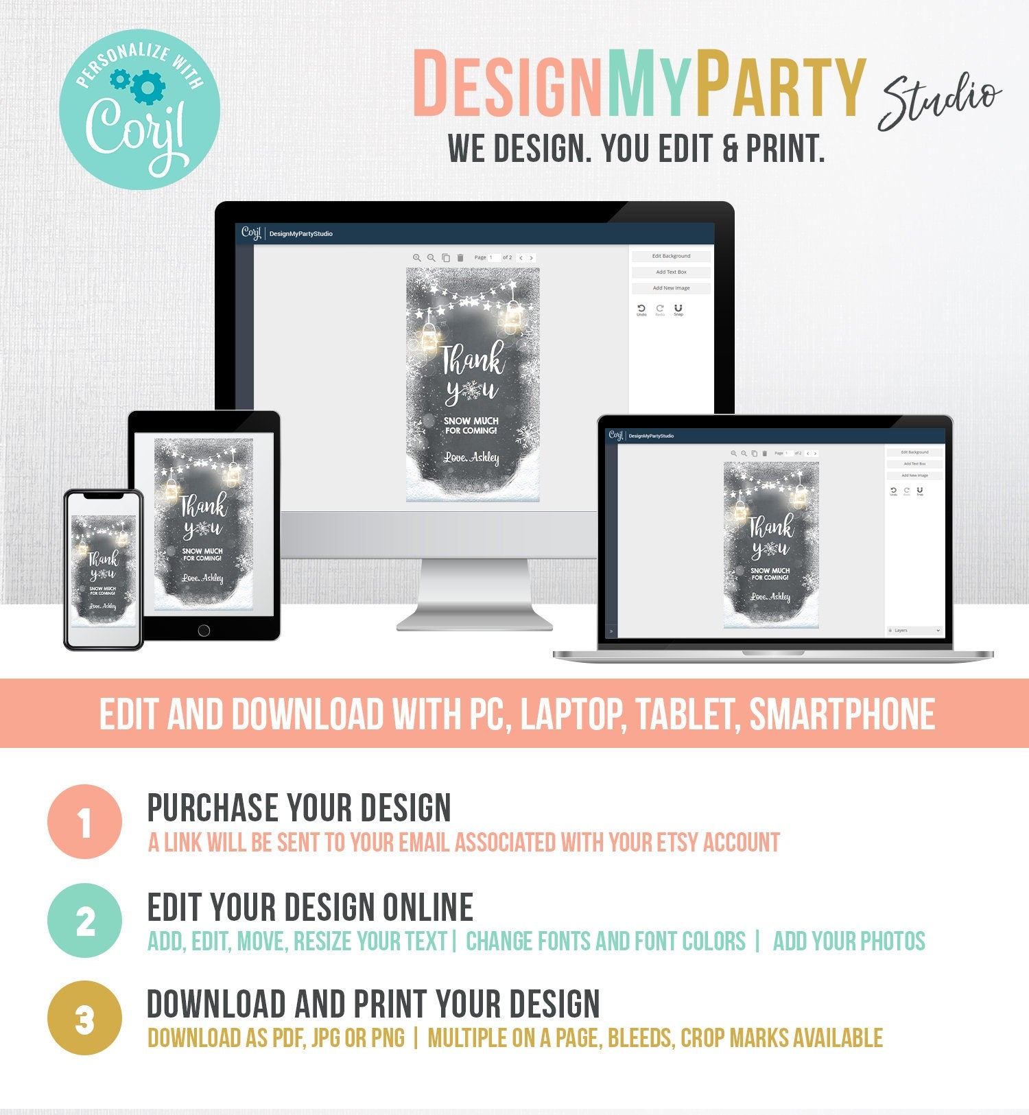 Editable Winter Thank you tags Baby Shower Favor Tags Rustic Black Snowflakes Snow Winter Onederland Birthday Template PRINTABLE Corjl 0031