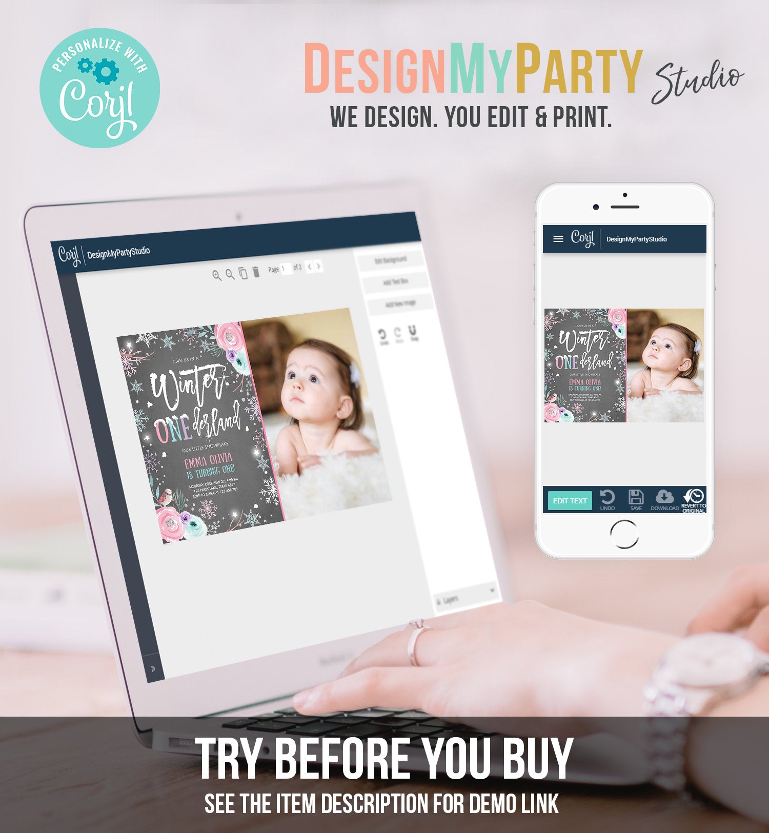 Editable Winter ONEderland Birthday Invitation First Birthday Snowflake Pink Silver Purple Floral Printable Invitation Template Corjl 0256