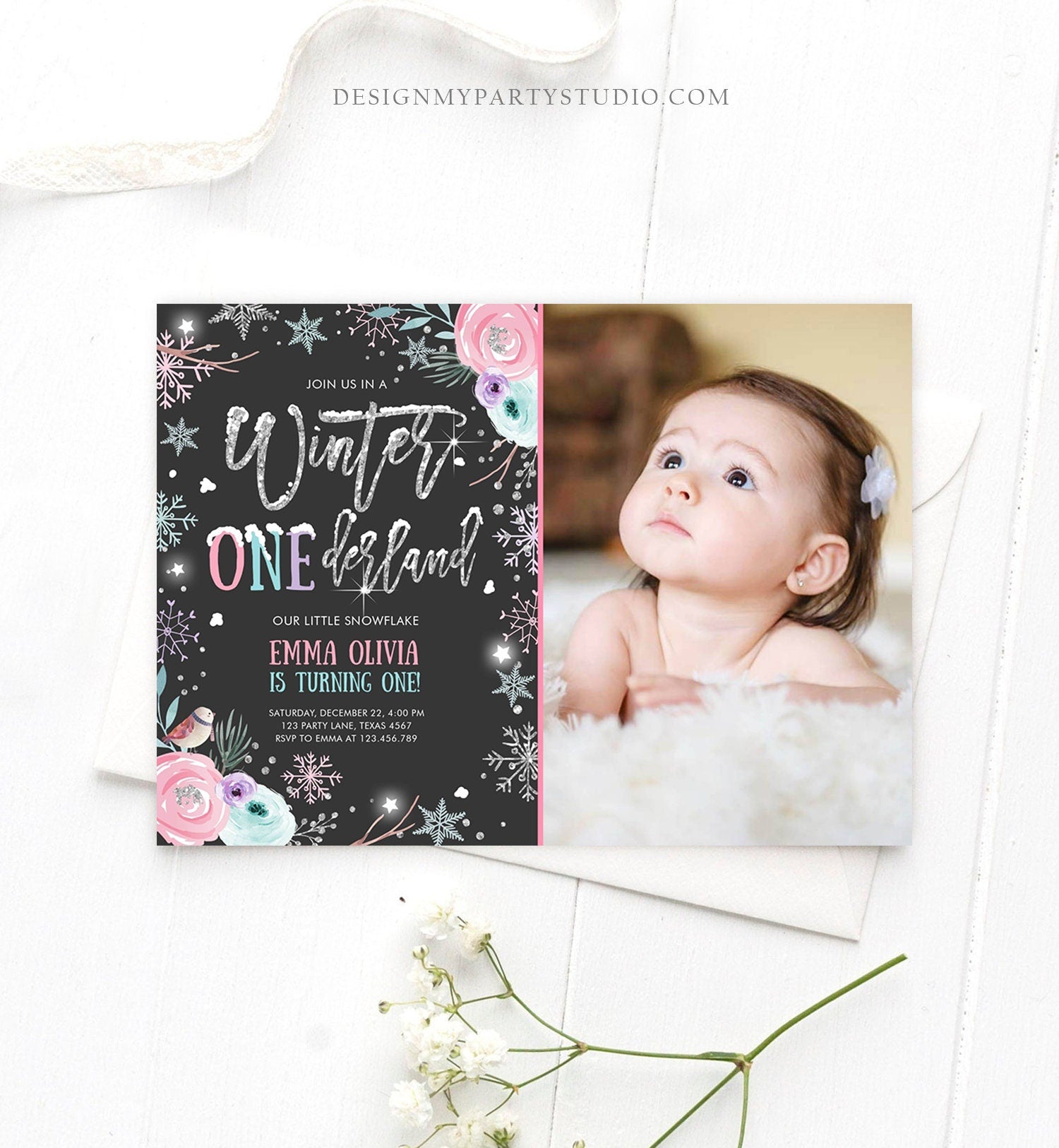 Editable Winter ONEderland Birthday Invitation First Birthday Snowflake Pink Silver Floral Printable Invitation Template Corjl 0256