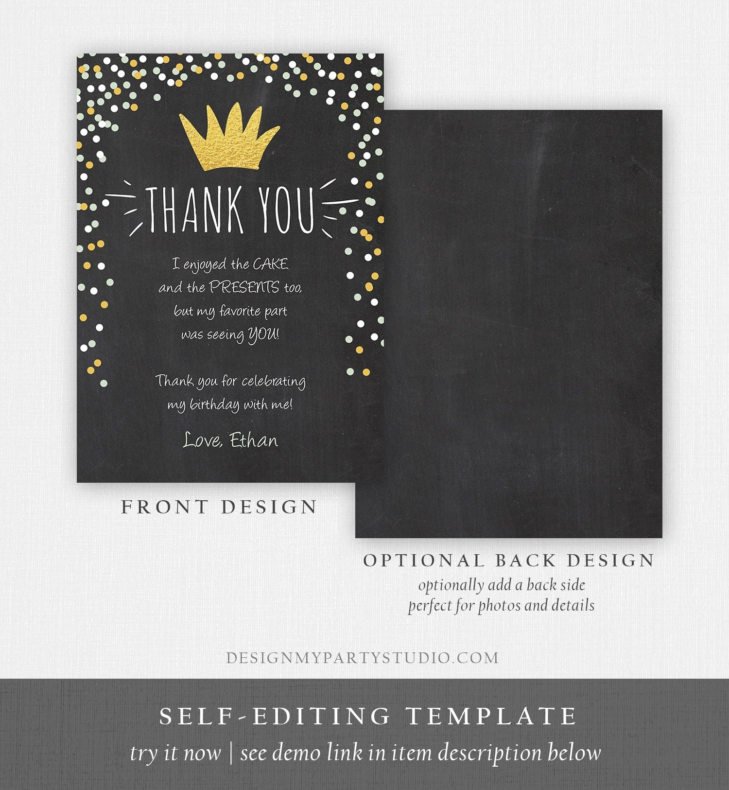 Editable Wild Things Thank You Card Gold Crown Boy Chalk Confetti Thank You Note Wild One Birthday Download Printable Corjl Template 0099
