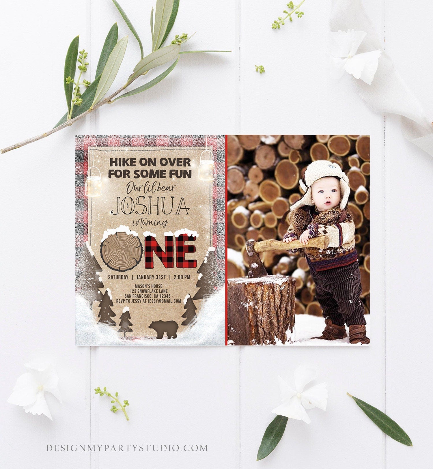 Editable Winter Lumberjack Birthday Invitation Rustic Woodland First Birthday Snow Forest Red Plaid Download Printable Corjl Template 0026