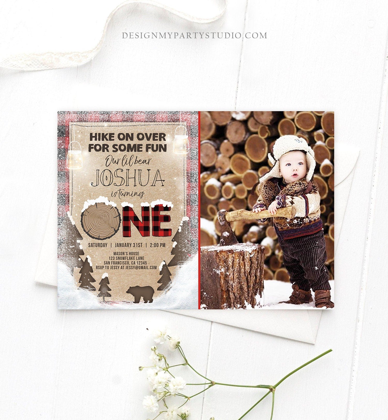 Editable Winter Lumberjack Birthday Invitation Rustic Woodland First Birthday Snow Forest Red Plaid Download Printable Corjl Template 0026