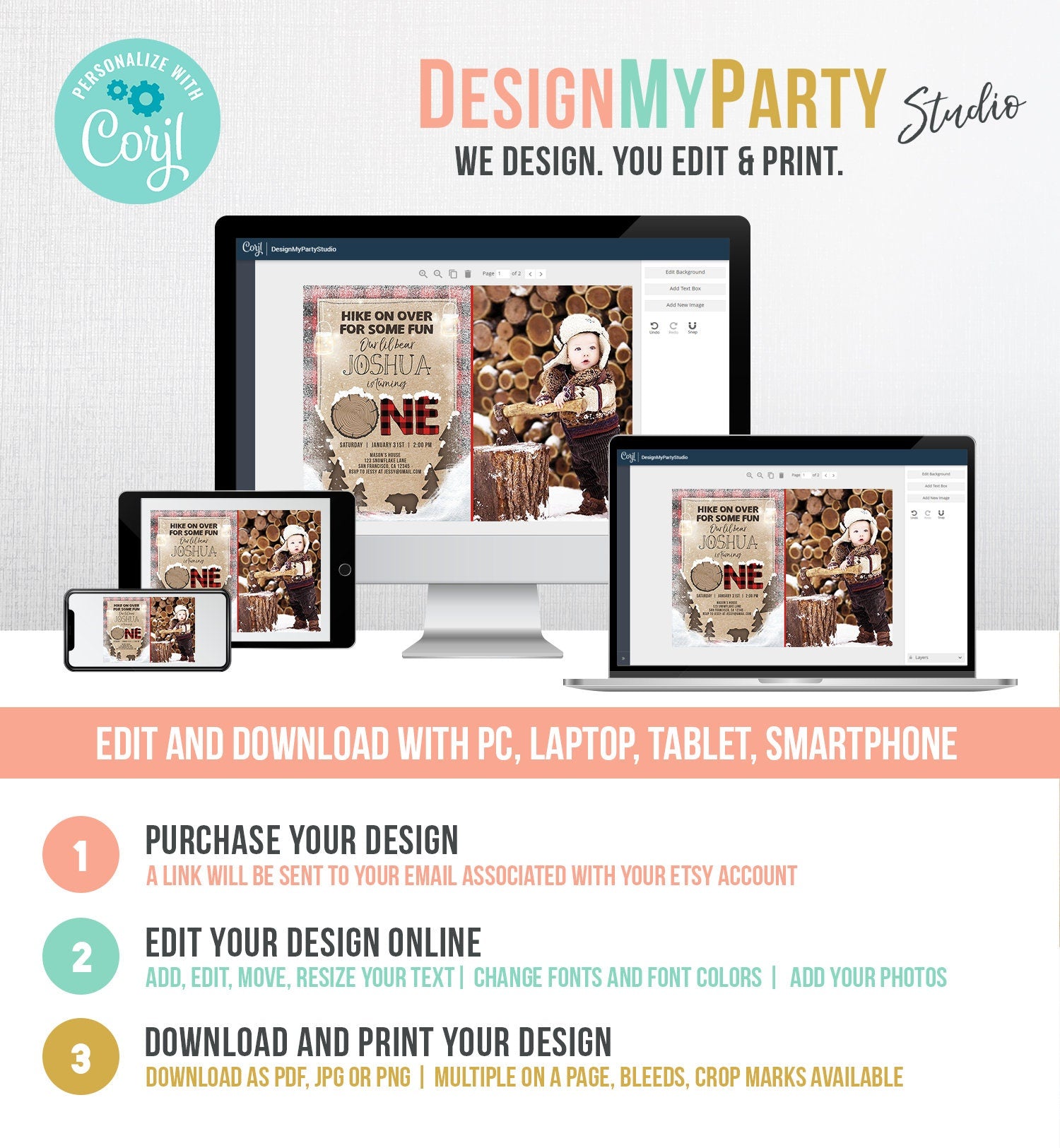 Editable Winter Lumberjack Birthday Invitation Rustic Woodland First Birthday Snow Forest Red Plaid Download Printable Corjl Template 0026