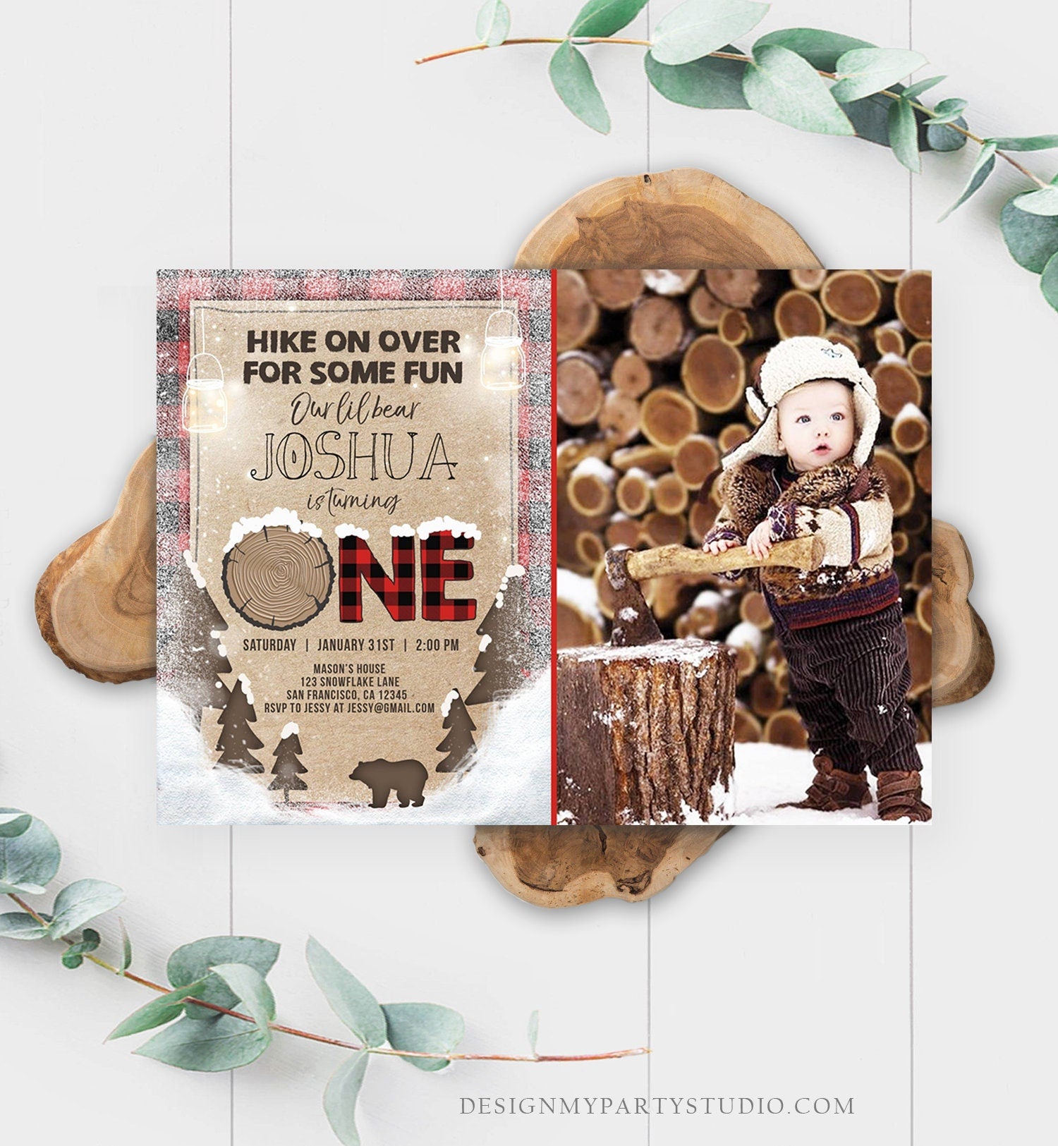 Editable Winter Lumberjack Birthday Invitation Rustic Woodland First Birthday Snow Forest Red Plaid Download Printable Corjl Template 0026