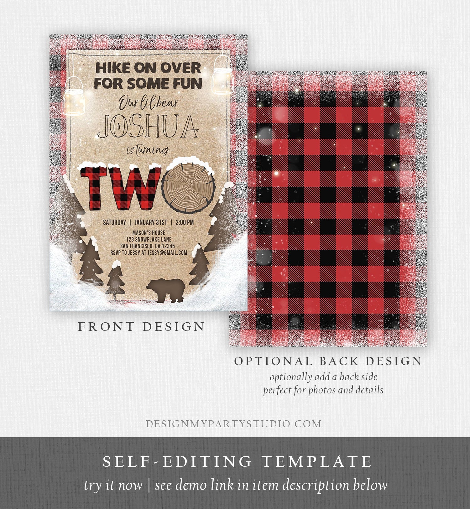 Editable Winter Lumberjack Birthday Invitation Rustic Woodland Second Birthday Snow Forest Red Plaid Download Printable Corjl Template 0026