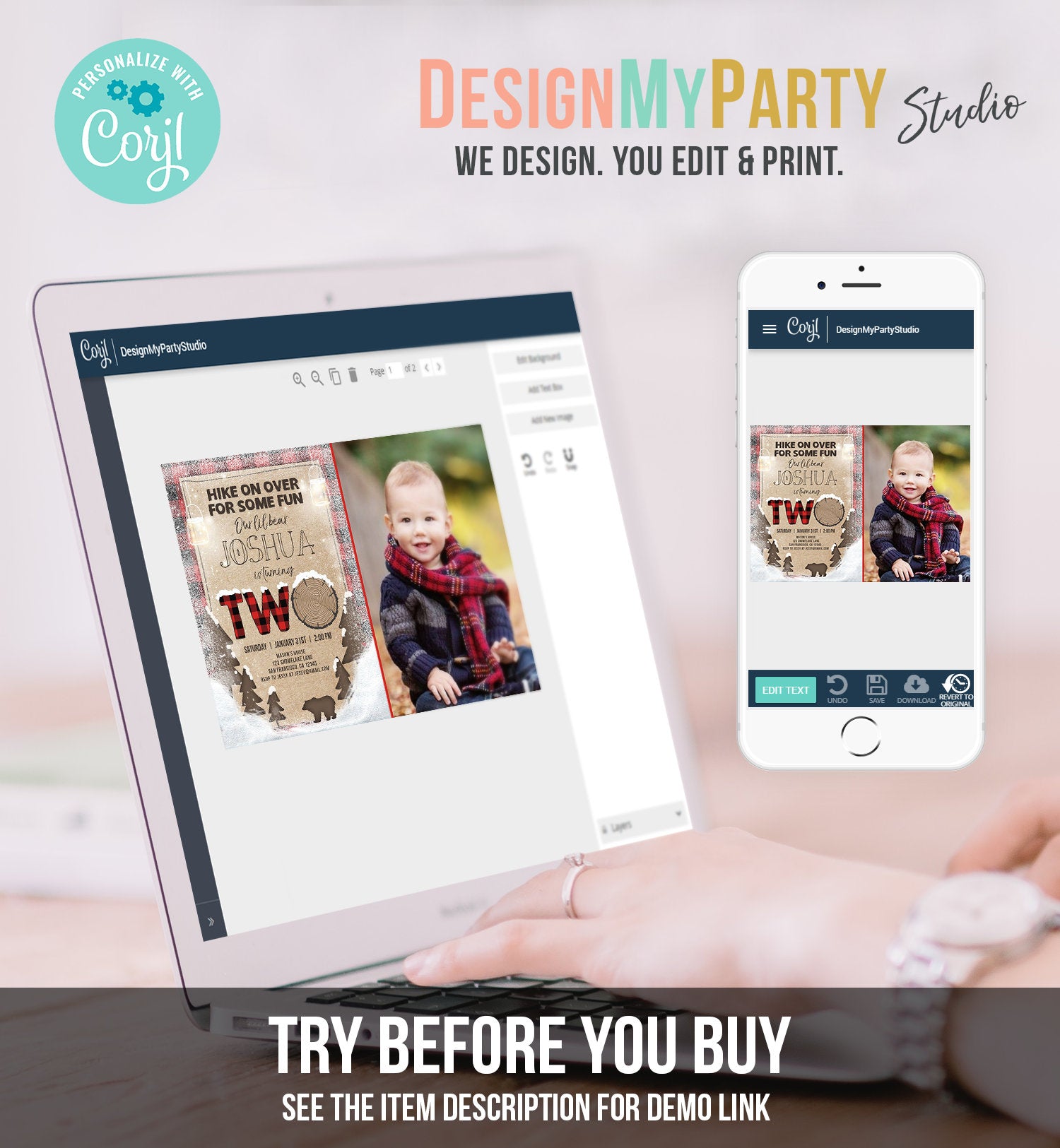 Editable Winter Lumberjack Birthday Invitation Rustic Woodland Second Birthday Snow Forest Red Plaid Download Printable Corjl Template 0026