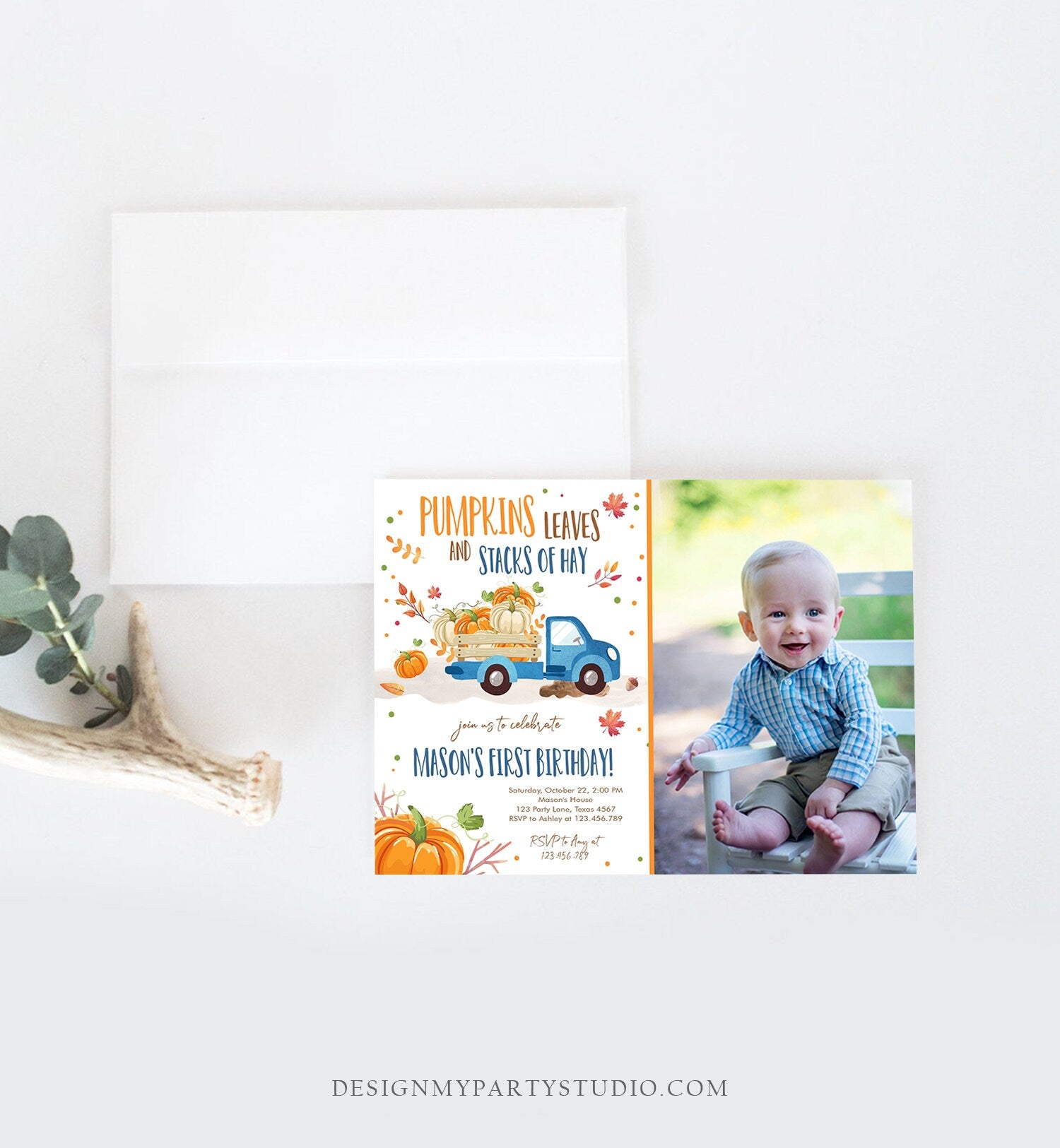Editable Pumpkin Birthday Invitation Boy Fall Boy Pumpkin Truck Birthday Party Blue Orange Download Printable Invitation Corjl Template 0153