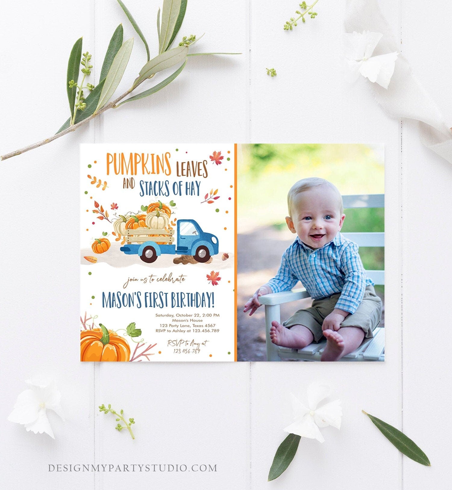 Editable Pumpkin Birthday Invitation Boy Fall Boy Pumpkin Truck Birthday Party Blue Orange Download Printable Invitation Corjl Template 0153