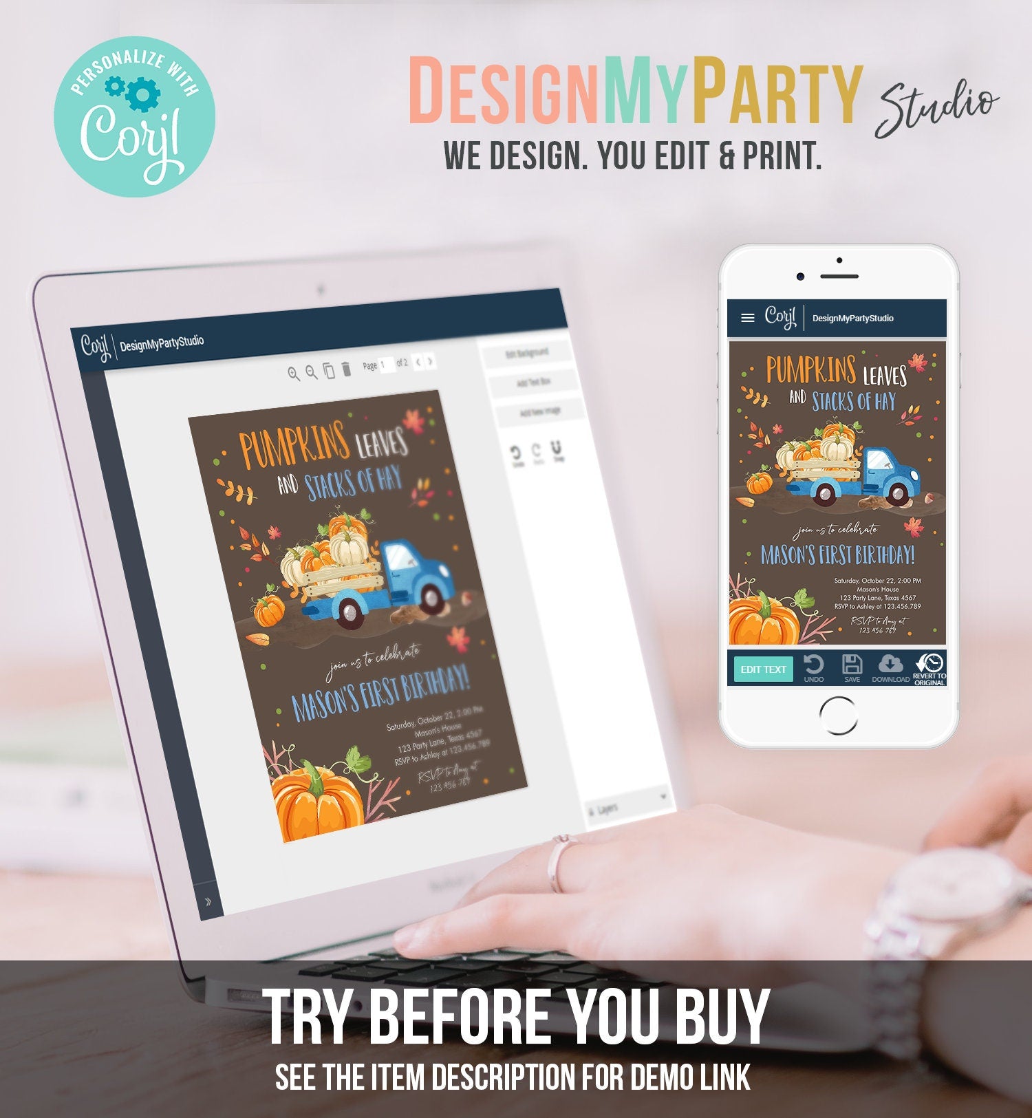 Editable Pumpkin Birthday Invitation Boy Fall Boy Pumpkin Truck Birthday Party Blue Orange Download Printable Invitation Corjl Template 0153