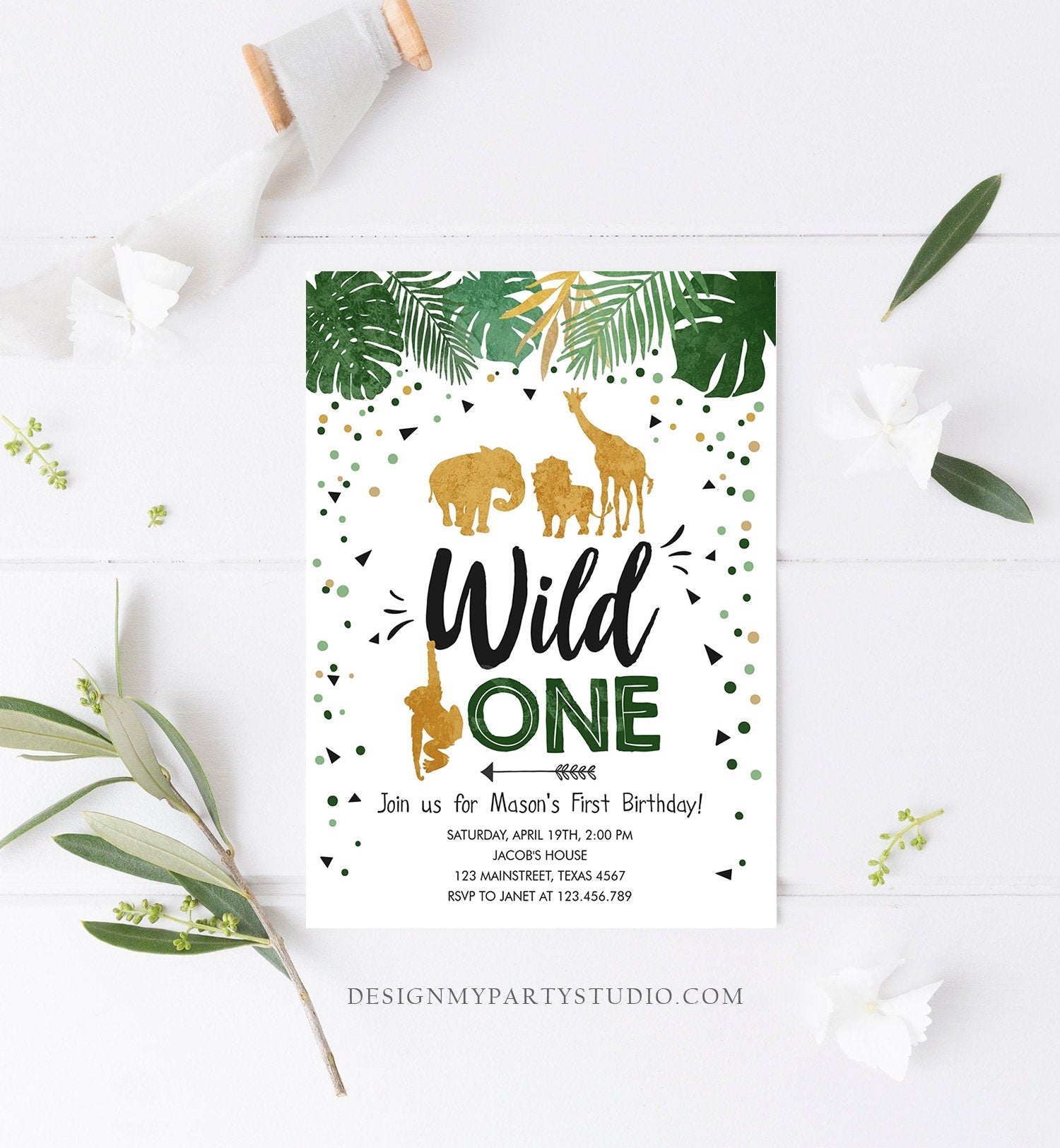 Editable Wild One Birthday Invitation Safari Animals Black Gold Zoo Jungle Wild Animals Party Download Printable Corjl Template Digital 0016