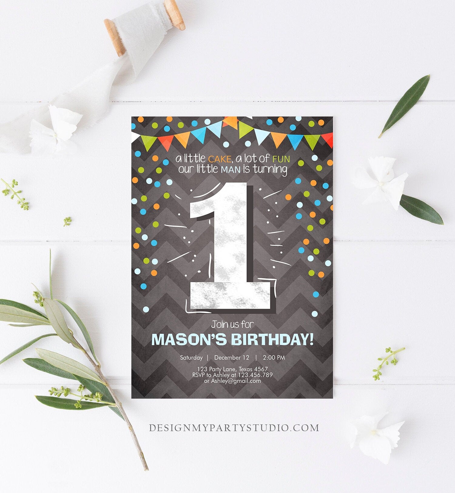Editable First Birthday Invitation Boy One Green Blue Chalk Confetti Boy 1st Birthday Download Printable Invitation Template Corjl 0071