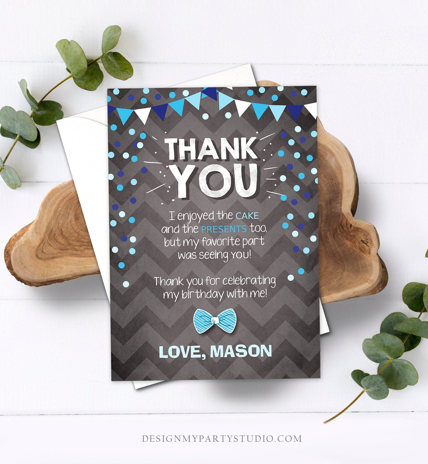 Editable Thank You Card Boy Bowtie Birthday One Green Blue Chalk Confetti First Bow Tie Download Printable Invitation Template Corjl 0071