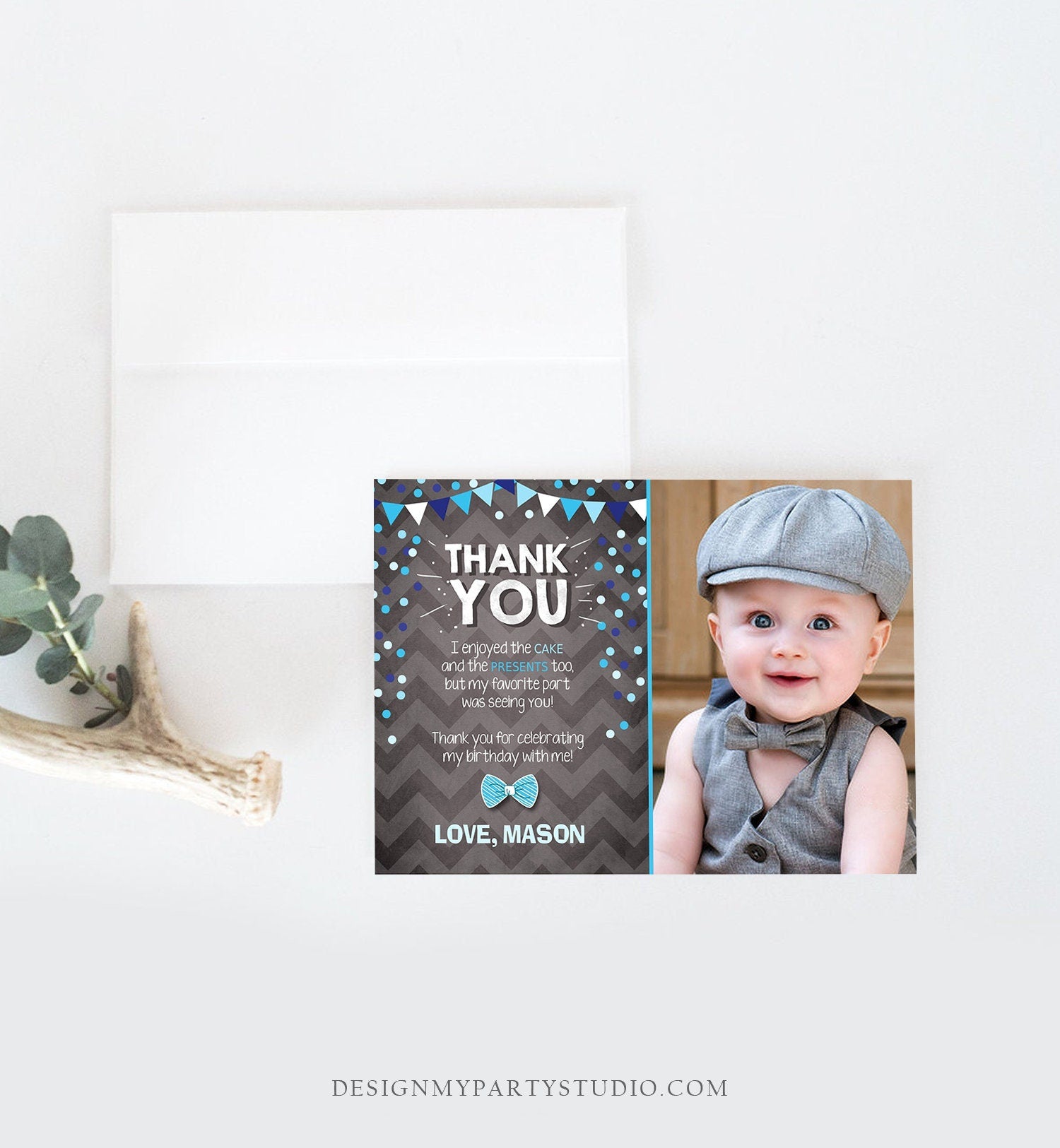 Editable Thank You Card Boy Bowtie Birthday One Green Blue Chalk Confetti First Bow Tie Download Printable Invitation Template Corjl 0071