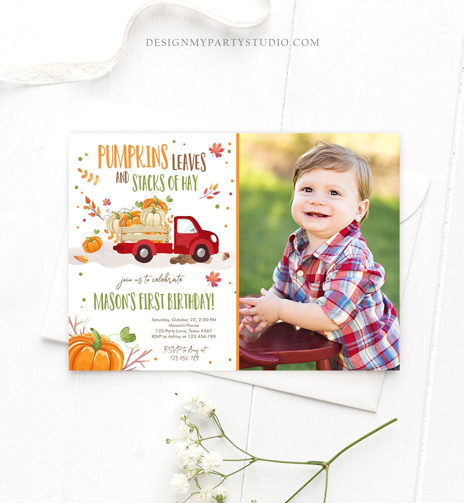 Editable Pumpkin Birthday Invite Boy Fall Boy Pumpkin Truck Birthday Party Blue Orange Download Printable Invitation Template Corjl 0153