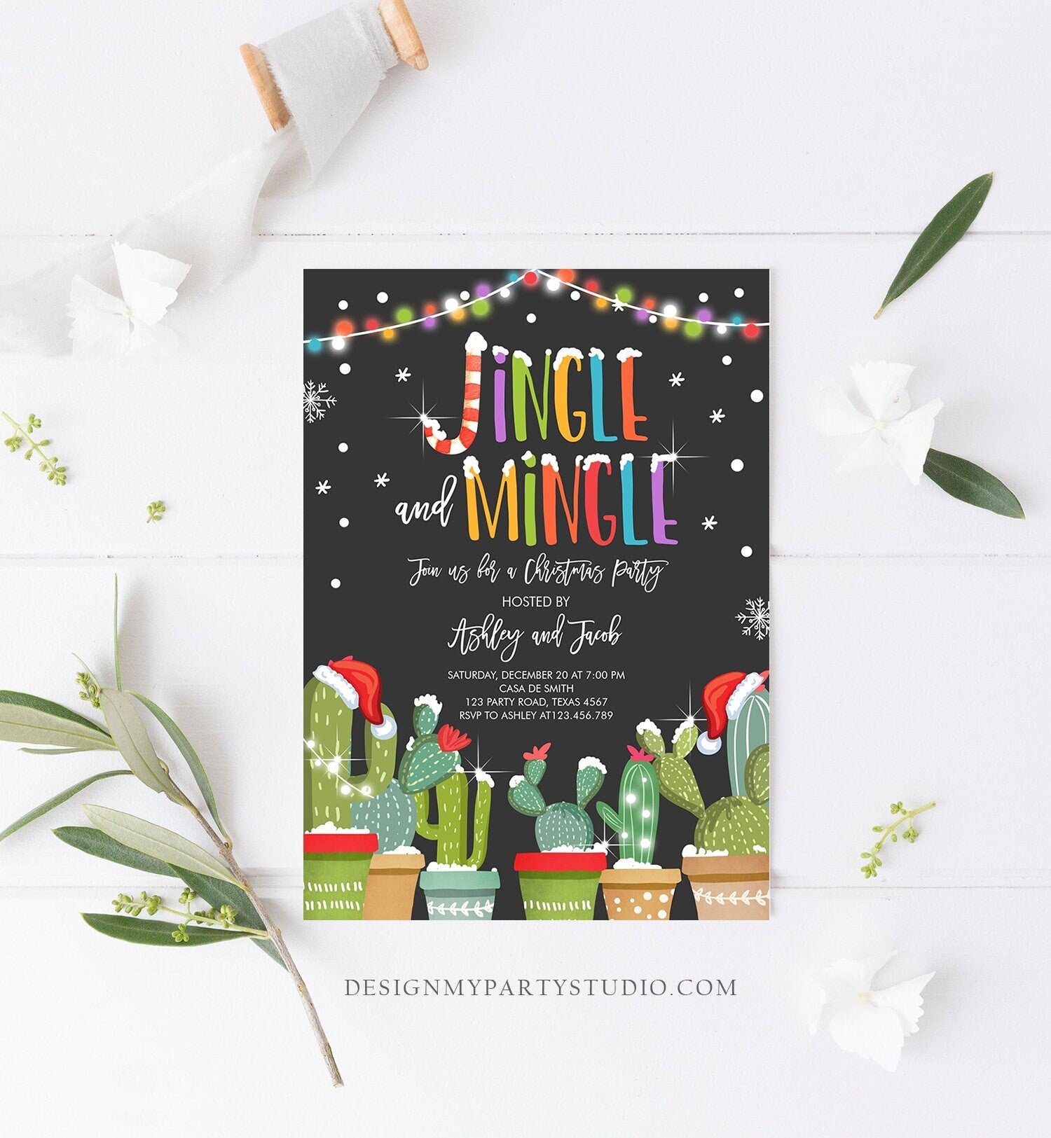 Editable Jingle and Mingle Christmas Party Invitation Cactus Mexican Holiday Christmas Fiesta Xmas Download Printable Corjl Template 0273