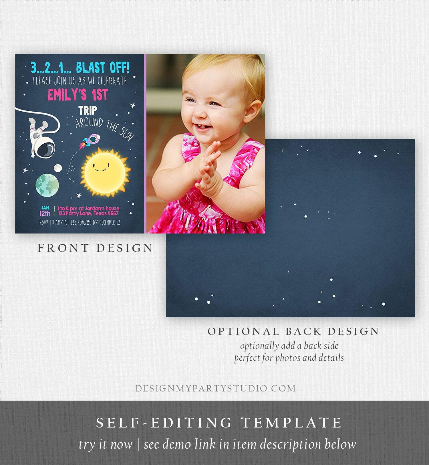 Editable Outer Space Birthday Invitation Girl Rocket Astronaut First Birthday Blast Off Download Printable Template Digital Corjl 0046