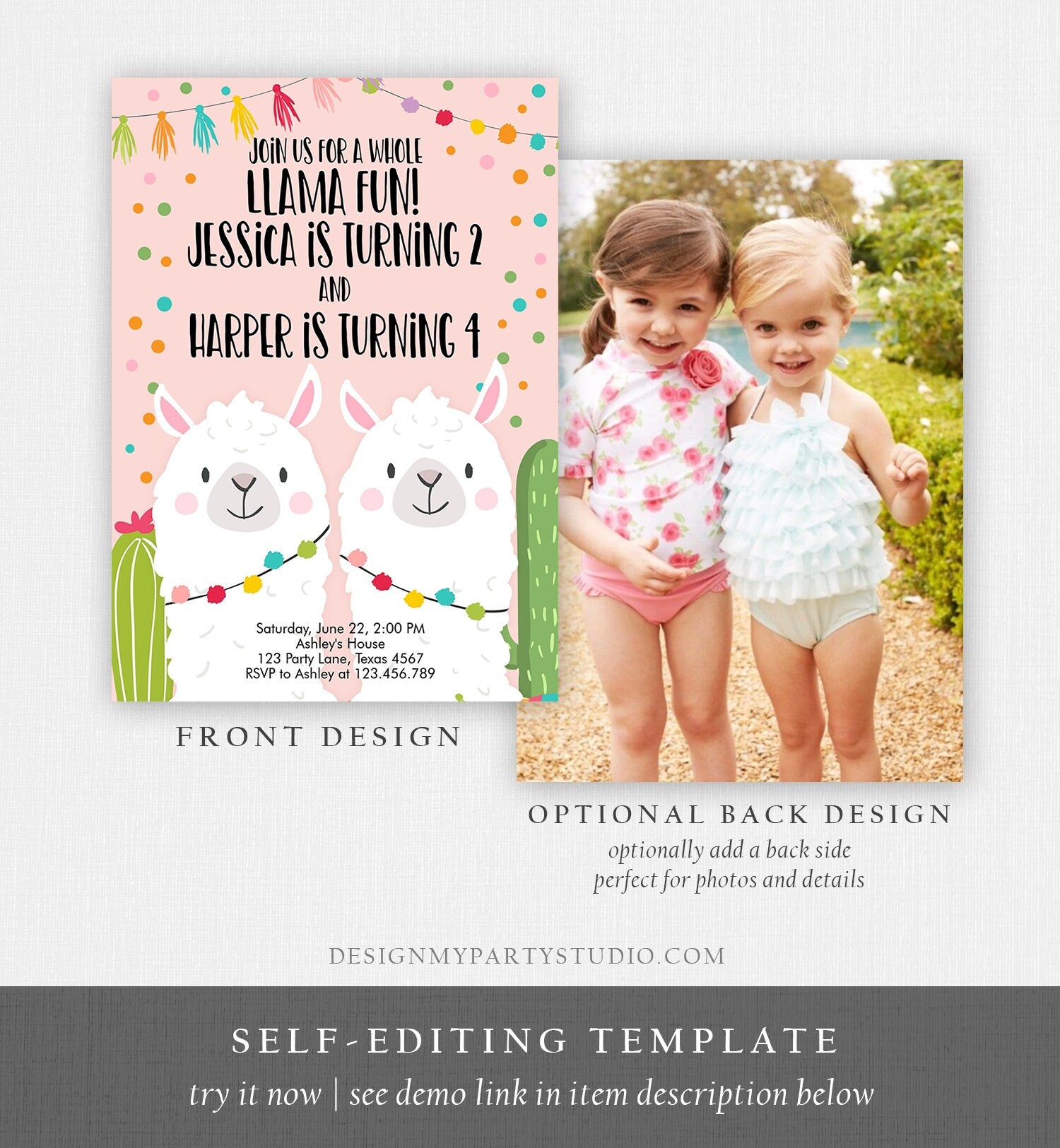 Editable Whole Llama Fun Birthday invitation Twin Llama Cactus Girls Joint Birthday Download Printable Invitation Template Corjl 0079