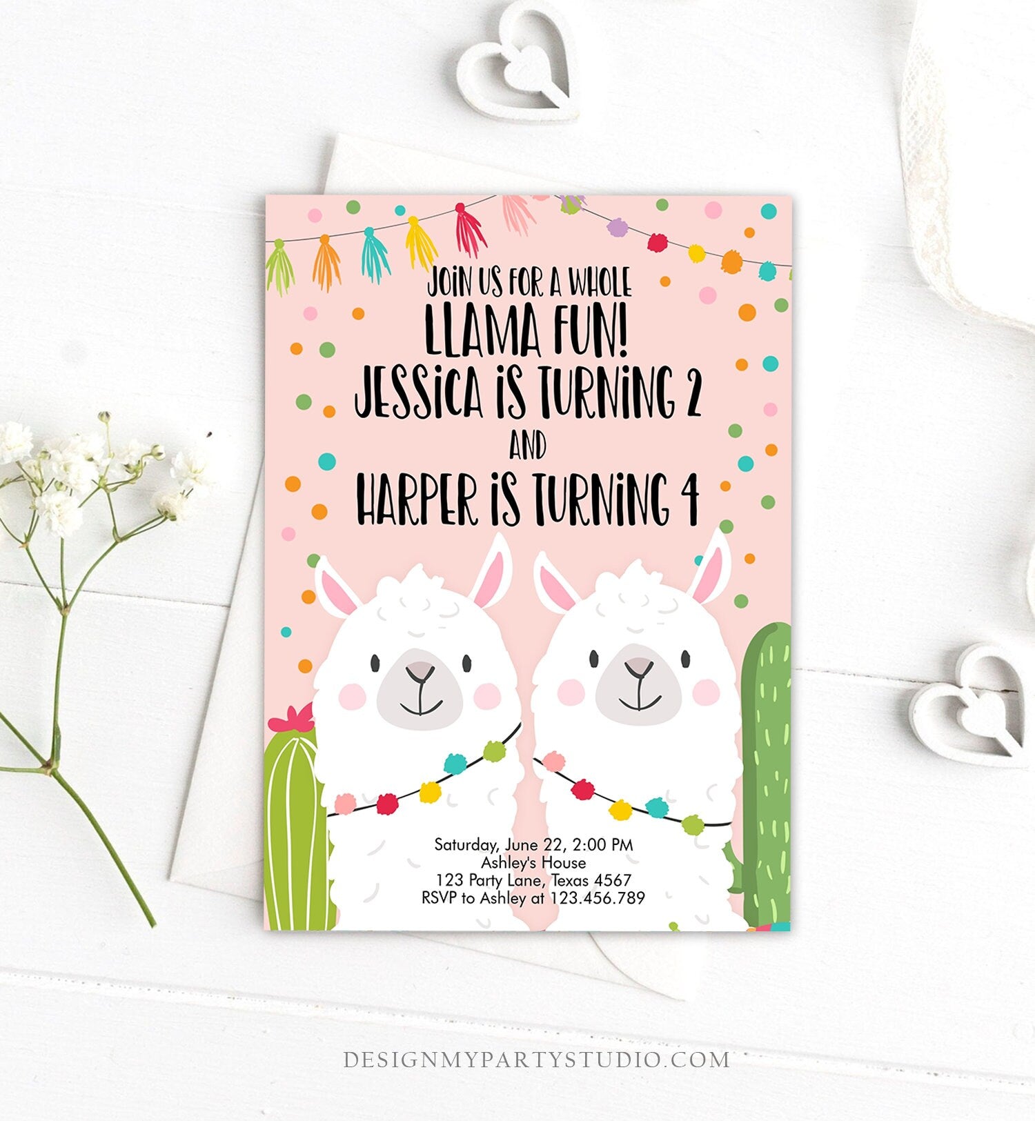 Editable Whole Llama Fun Birthday invitation Twin Llama Cactus Girls Joint Birthday Download Printable Invitation Template Corjl 0079