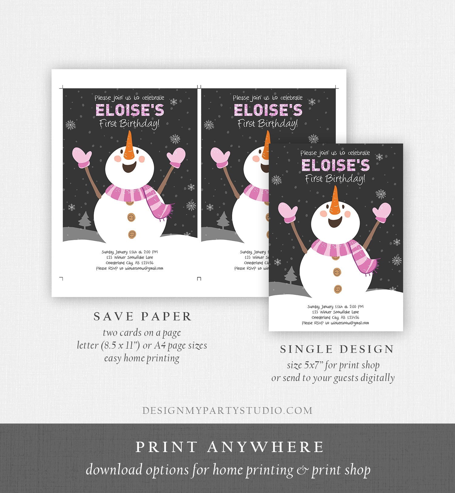 Editable ANY AGE Winter Birthday Invitation First Birthday Snowflake Girl Snowman Instant Download Printable Invite Template Corjl 0022
