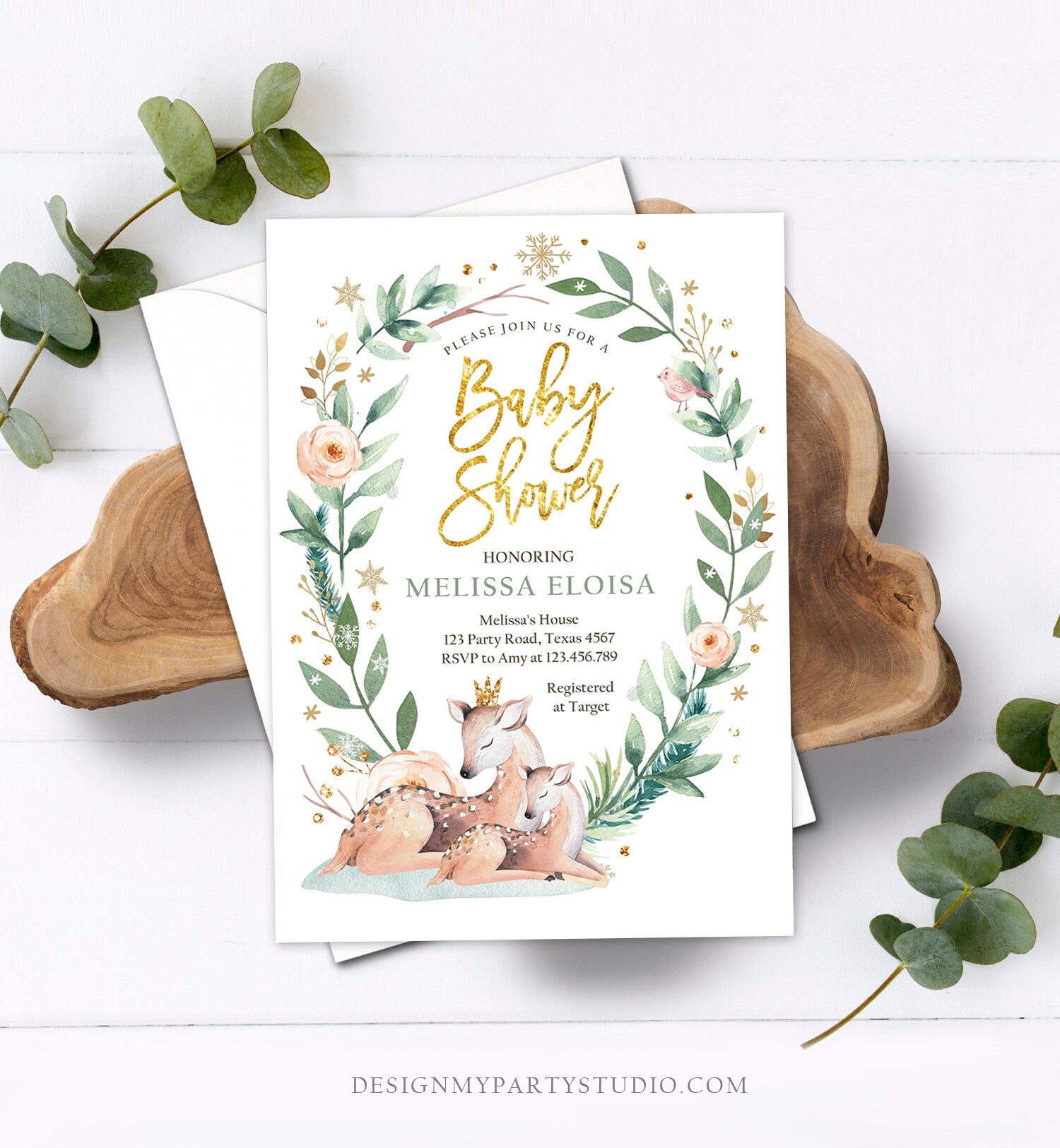 Editable Winter Baby Shower Invitation Oh Deer Snowflakes Gender Neutral Gold Foil Greenery Rustic Printable Invitation Template Corjl 0265