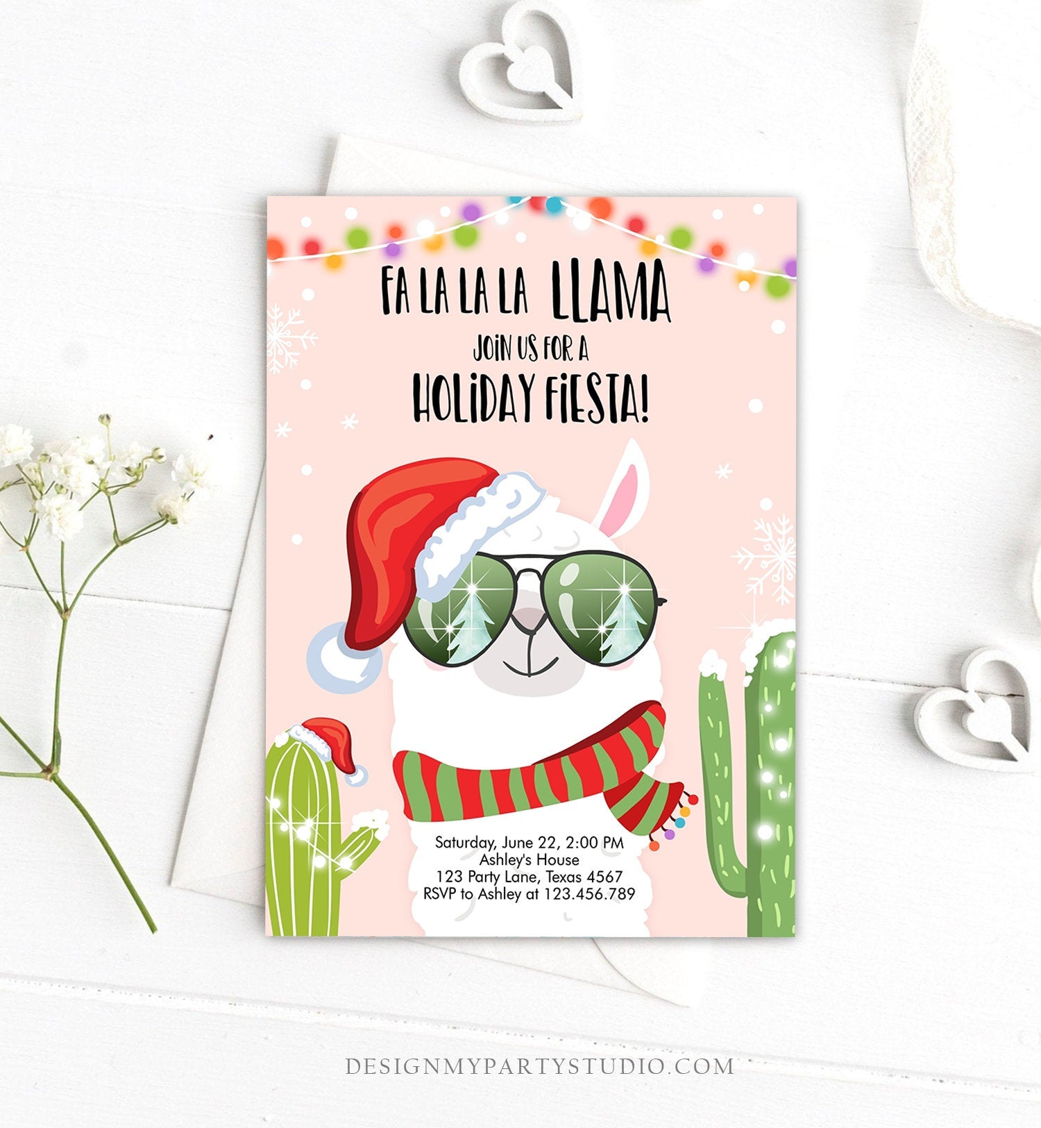 Editable Llama Christmas Party Invitation Cactus Mexican Holiday Fiesta Xmas Fa La La Sweater Party Download Printable Corjl Template 0273