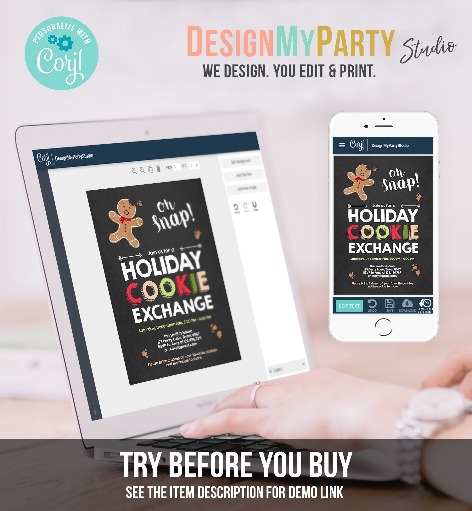 Editable Christmas Cookie Exchange Invitation Holiday Party Invite Cookie Party Gingerbread Xmas Download Printable Template Corjl 0111