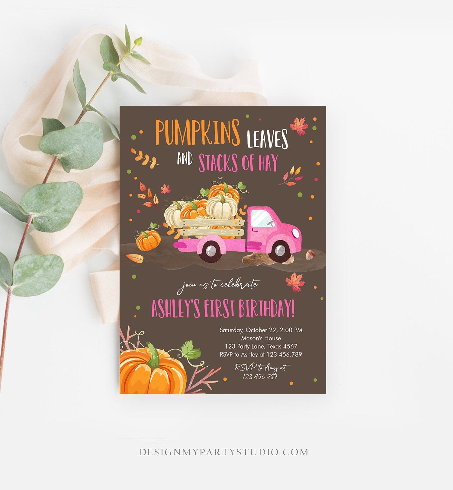 Editable Pumpkin Birthday Invitation Girls Fall Girl Pumpkin Truck Birthday Party Pink Orange Download Printable Invite Template Corjl 0153