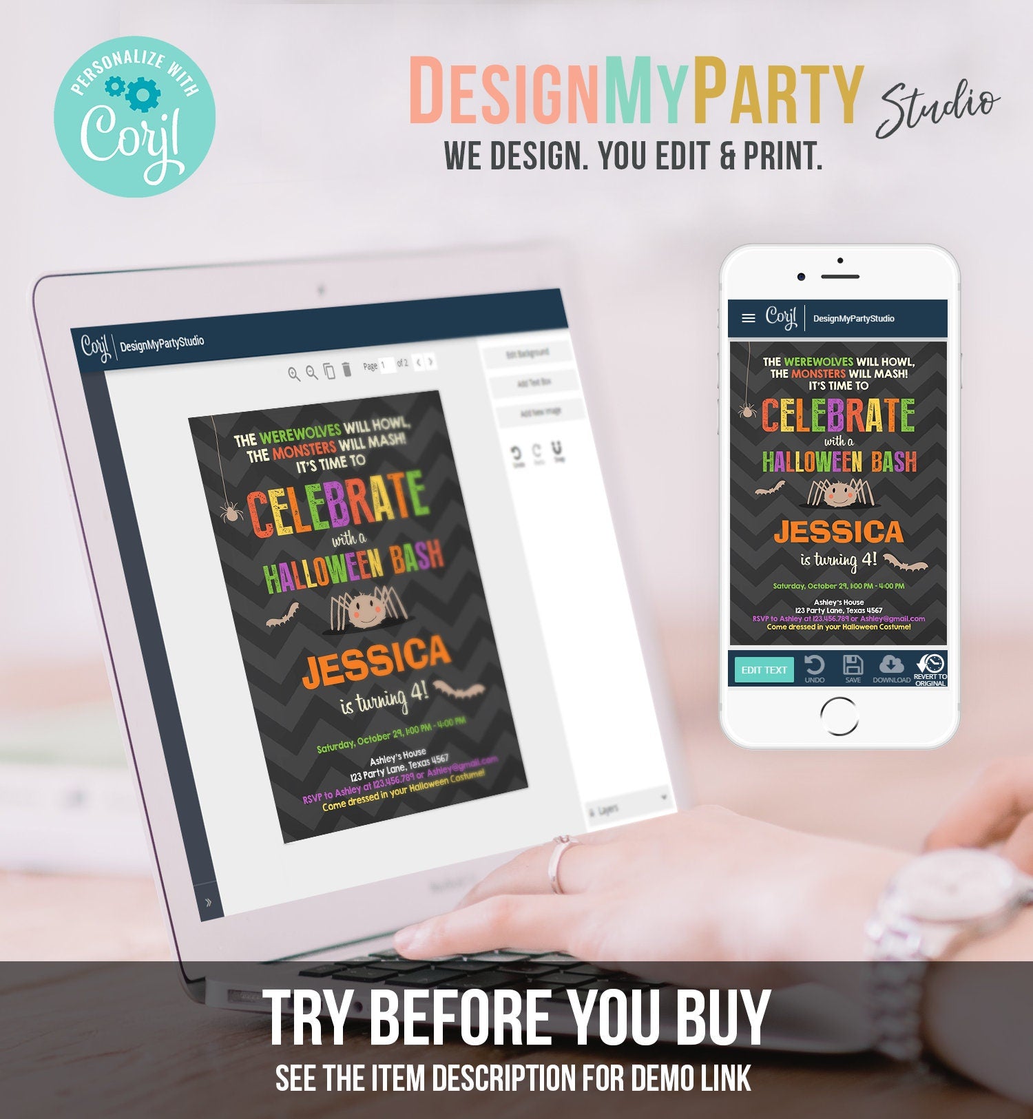 Editable Halloween Birthday Invitation Costume Party Spider Girl Download Printable Invite Template Editable Corjl Digital 0257