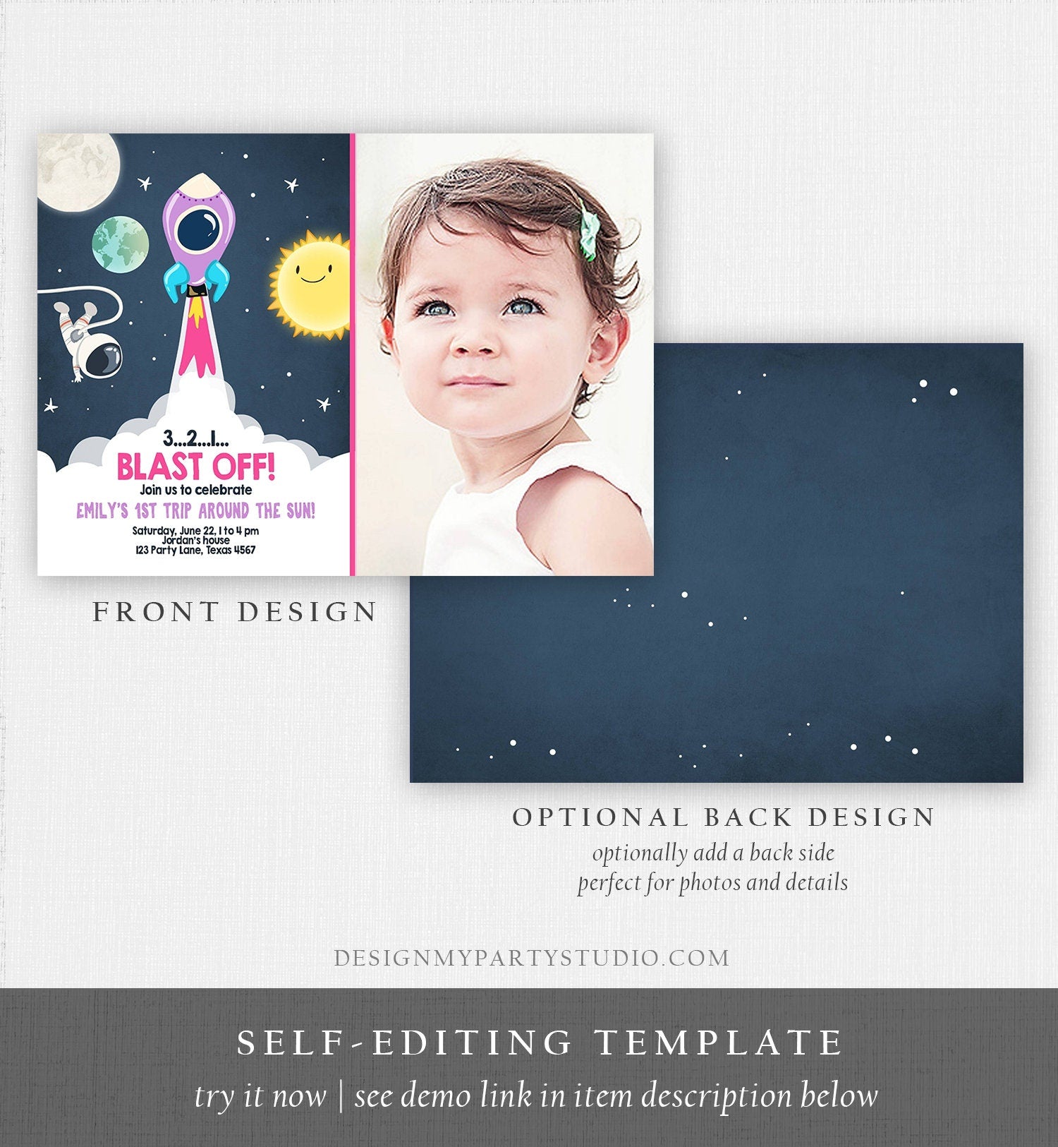 Editable Outer Space Birthday Invitation Girl Rocket Astronaut First Birthday Blast Off Download Printable Template Digital Corjl 0046