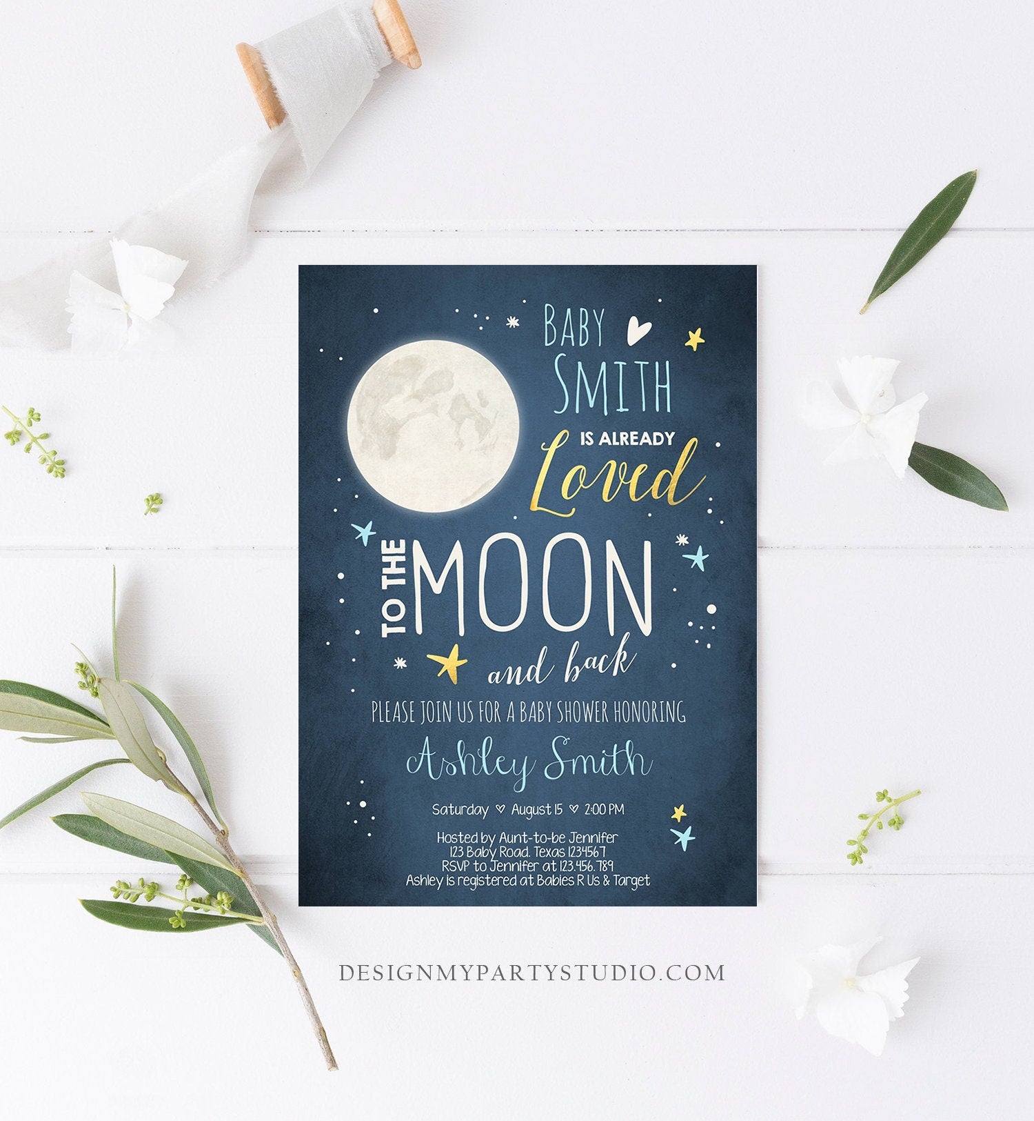 Editable Love You to the Moon and Back Baby Shower Invitation Boy Blue Stars Moon Gold Baby Arriving Instant Download Corjl Template 0017