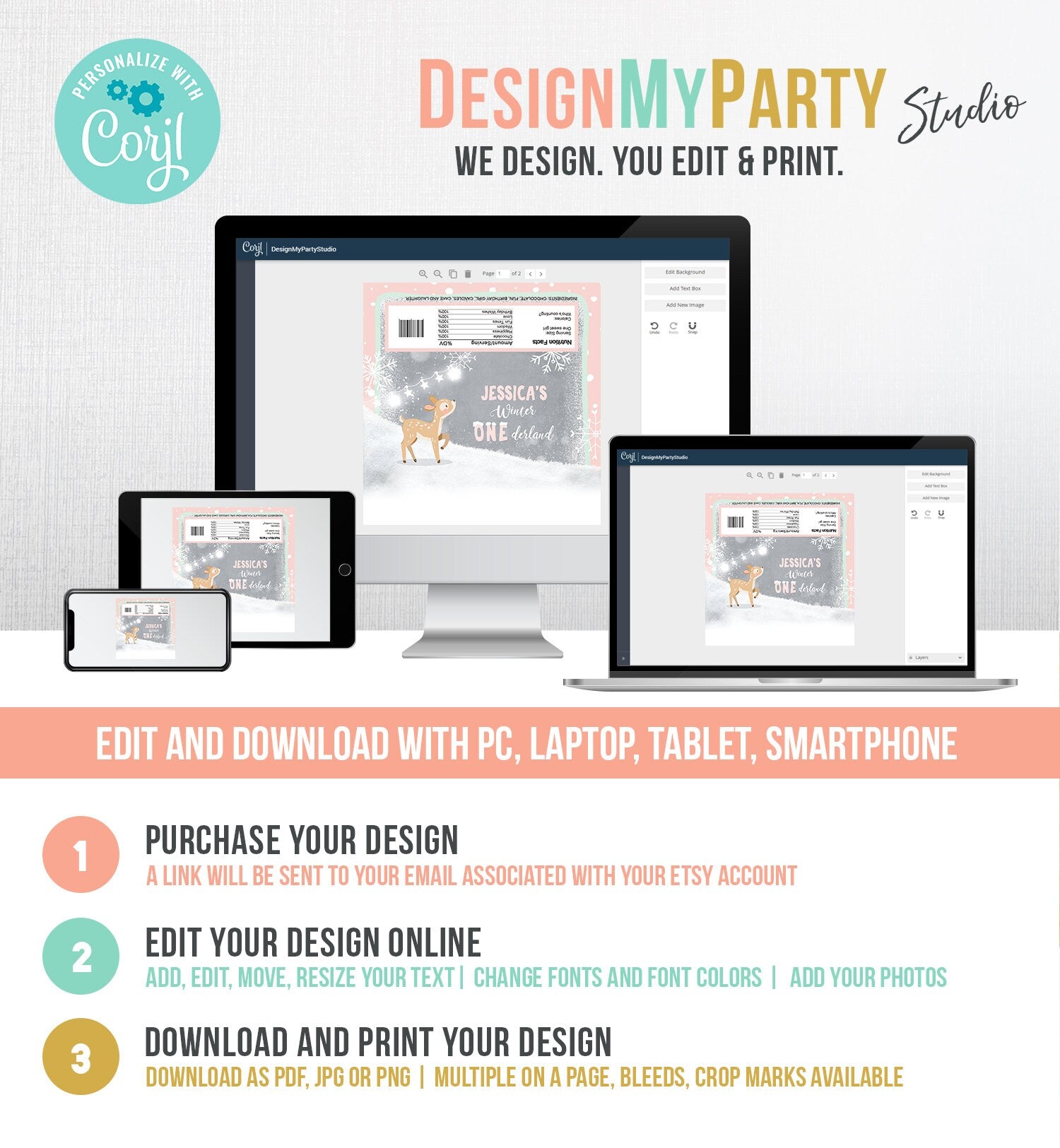 Editable Candy Bar Wrapper Winter Onederland Deer Pink Girl Candy Bar Wrapper Birthday Favors Snowflakes Deer Template PRINTABLE Corjl 0109