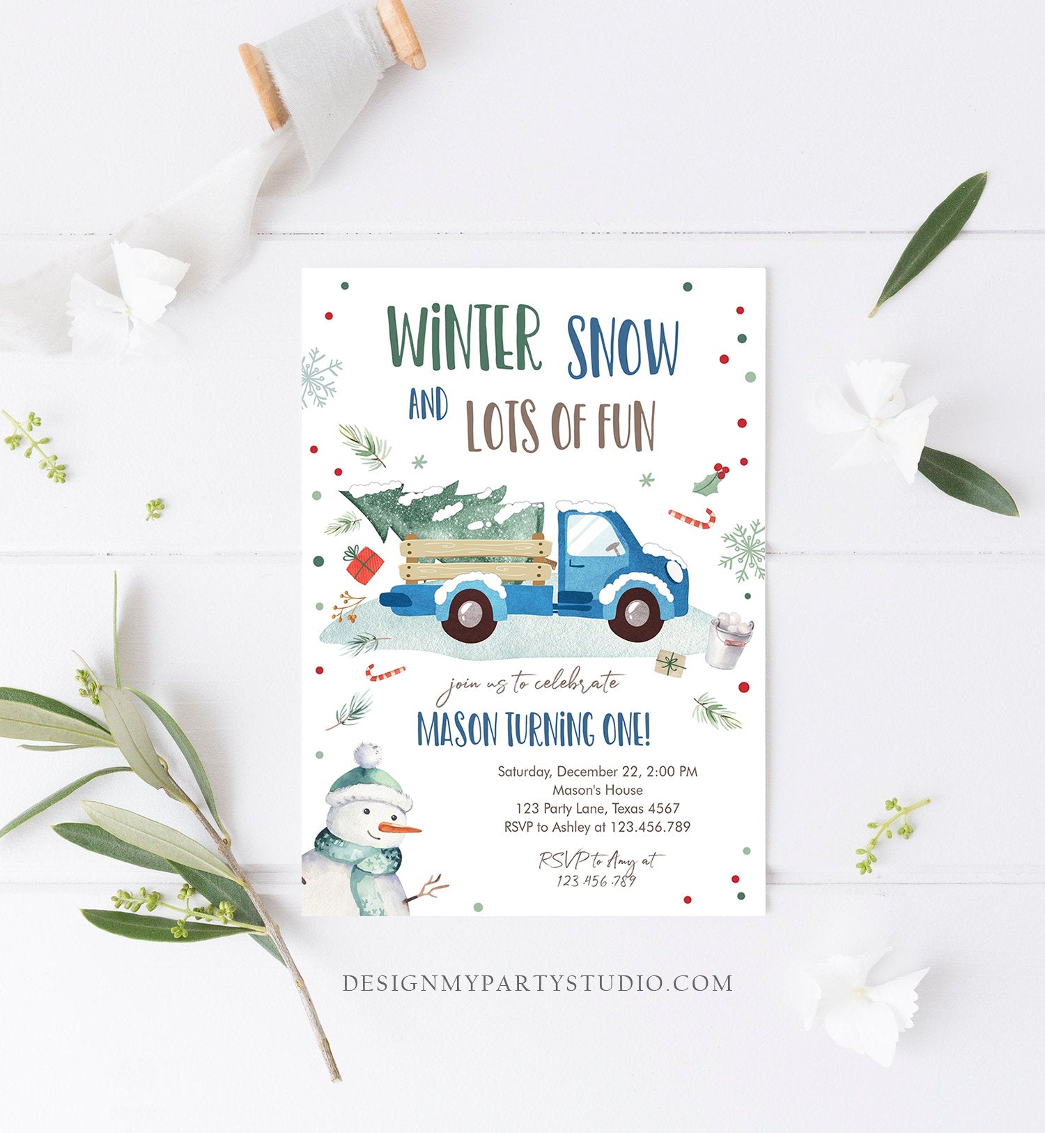 Editable ANY AGE Winter Birthday Invitation Boy Blue Truck Birthday Party Winter Onederland Download Printable Invite Template Corjl 0278