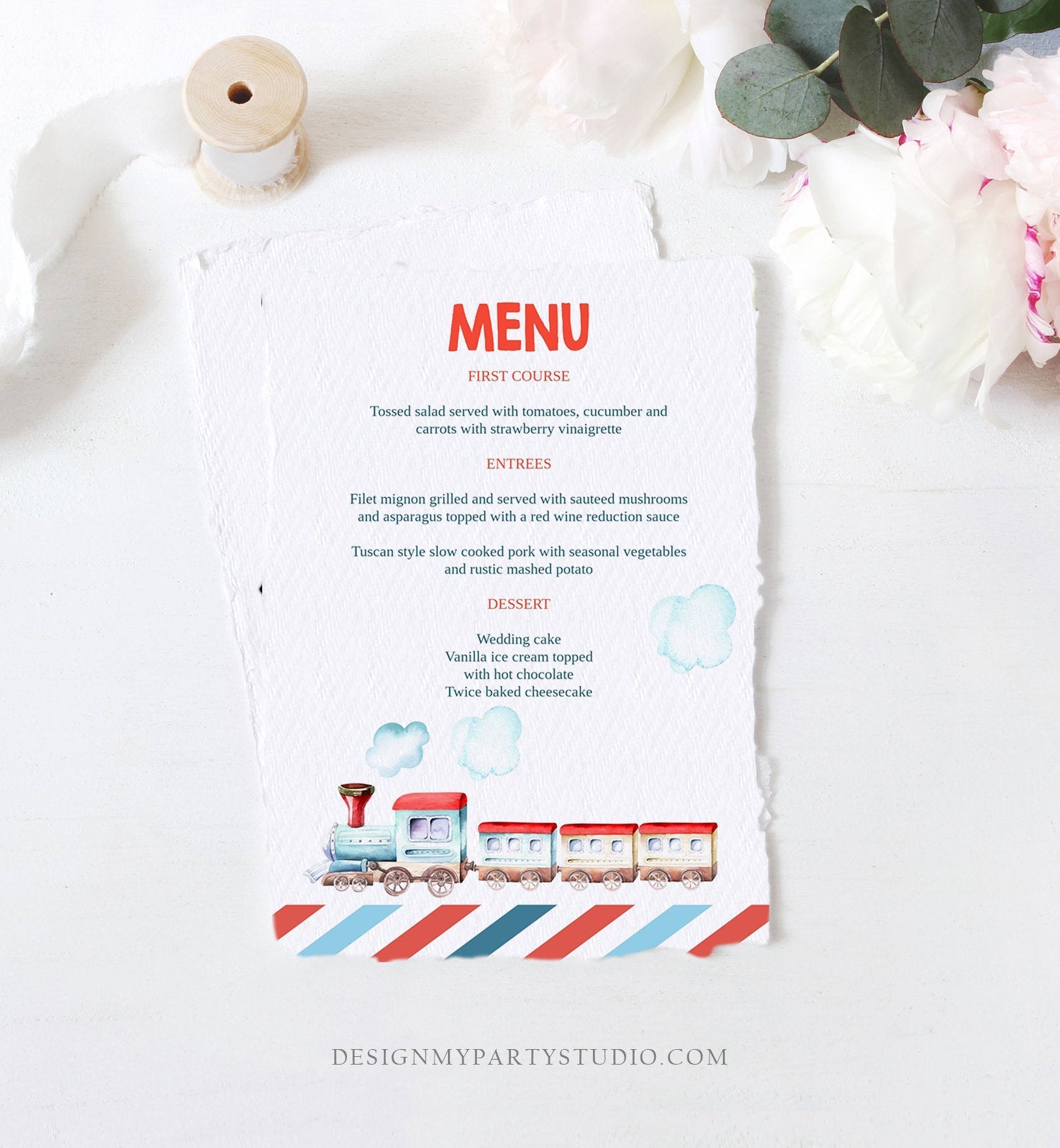 Editable Menu Card Train Birthday Train Decor Vintage Train Table Setting Railroad Instant Download Printable Menu Template Corjl 0149