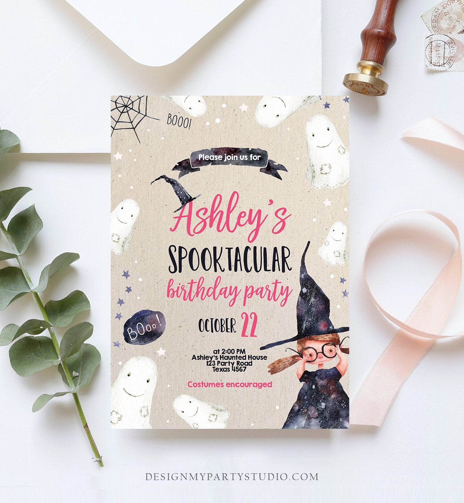 Editable Halloween Birthday Invitation Costume Party Girl Pink Kids Spooktacular Party Witch Hat Download Printable Template Corjl 0260