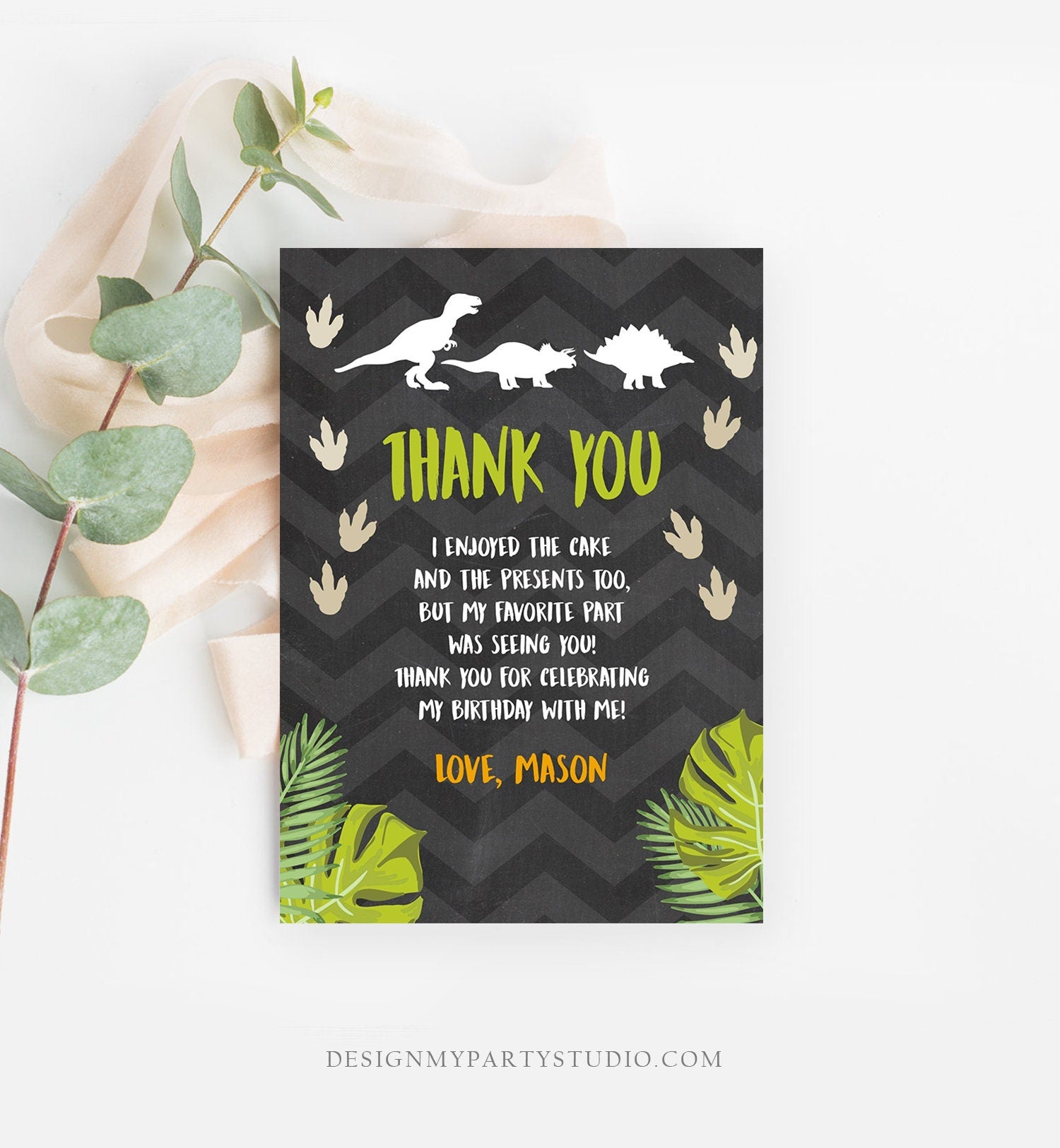 Editable Dinosaur Thank You Card Boy Prehistoric Dino Dig Party T-Rex Note Photo Chalk Digital Download Printable Template Corjl 0043