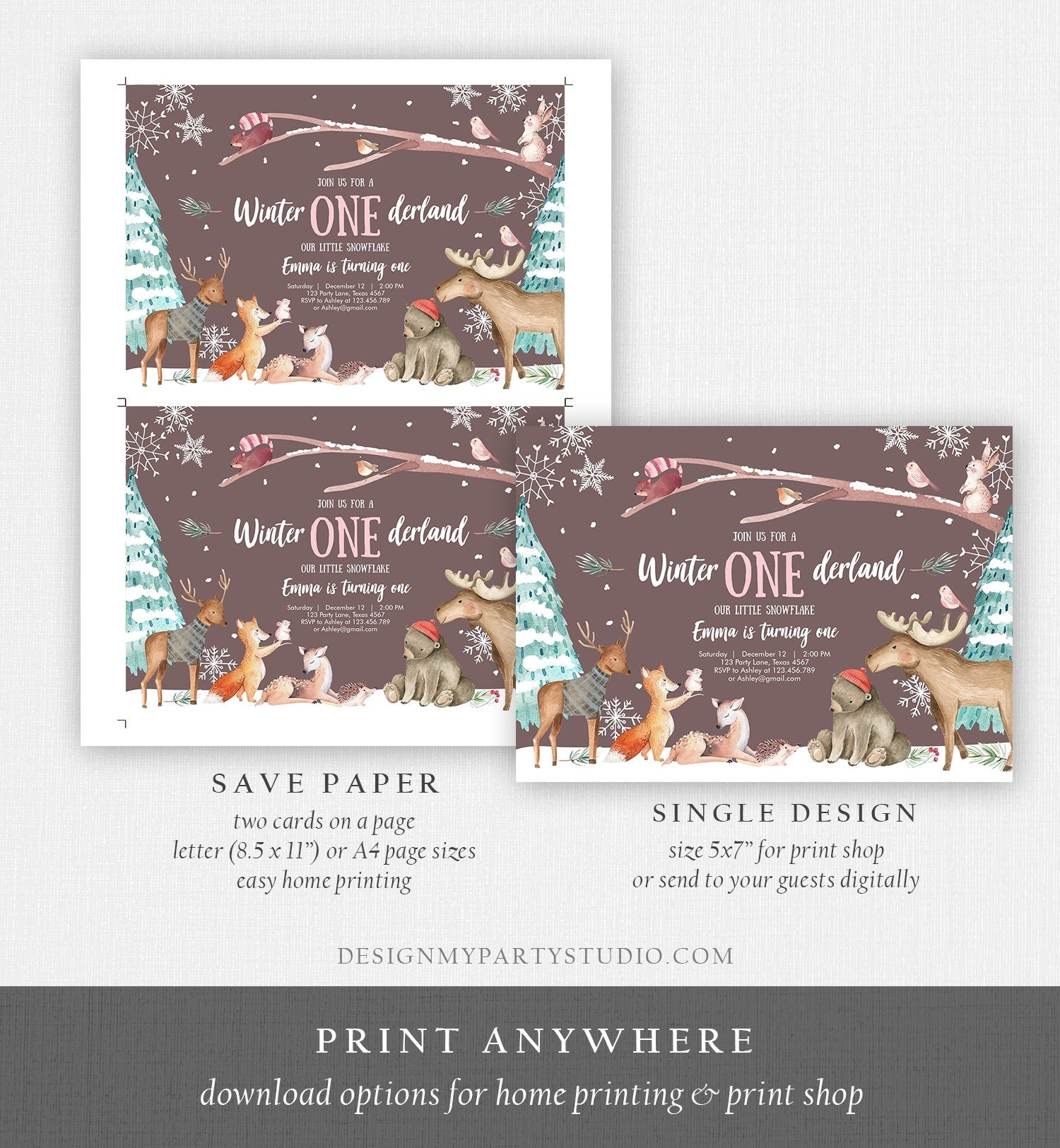 Editable ANY AGE Winter ONEderland Birthday Invitation First Birthday Snowflake Girl Pink Woodland Animals Printable Template Corjl 0195