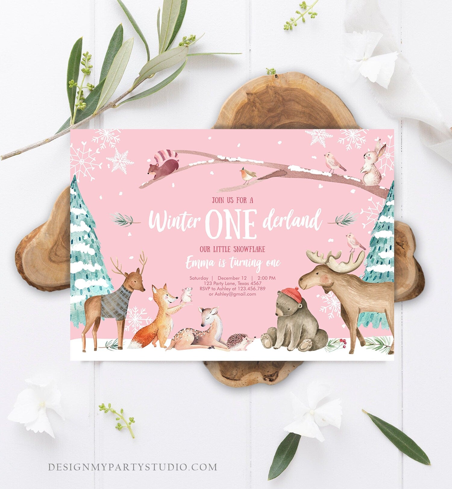 Editable ANY AGE Winter ONEderland Birthday Invitation First Birthday Snowflake Girl Pink Woodland Animals Printable Template Corjl 0195