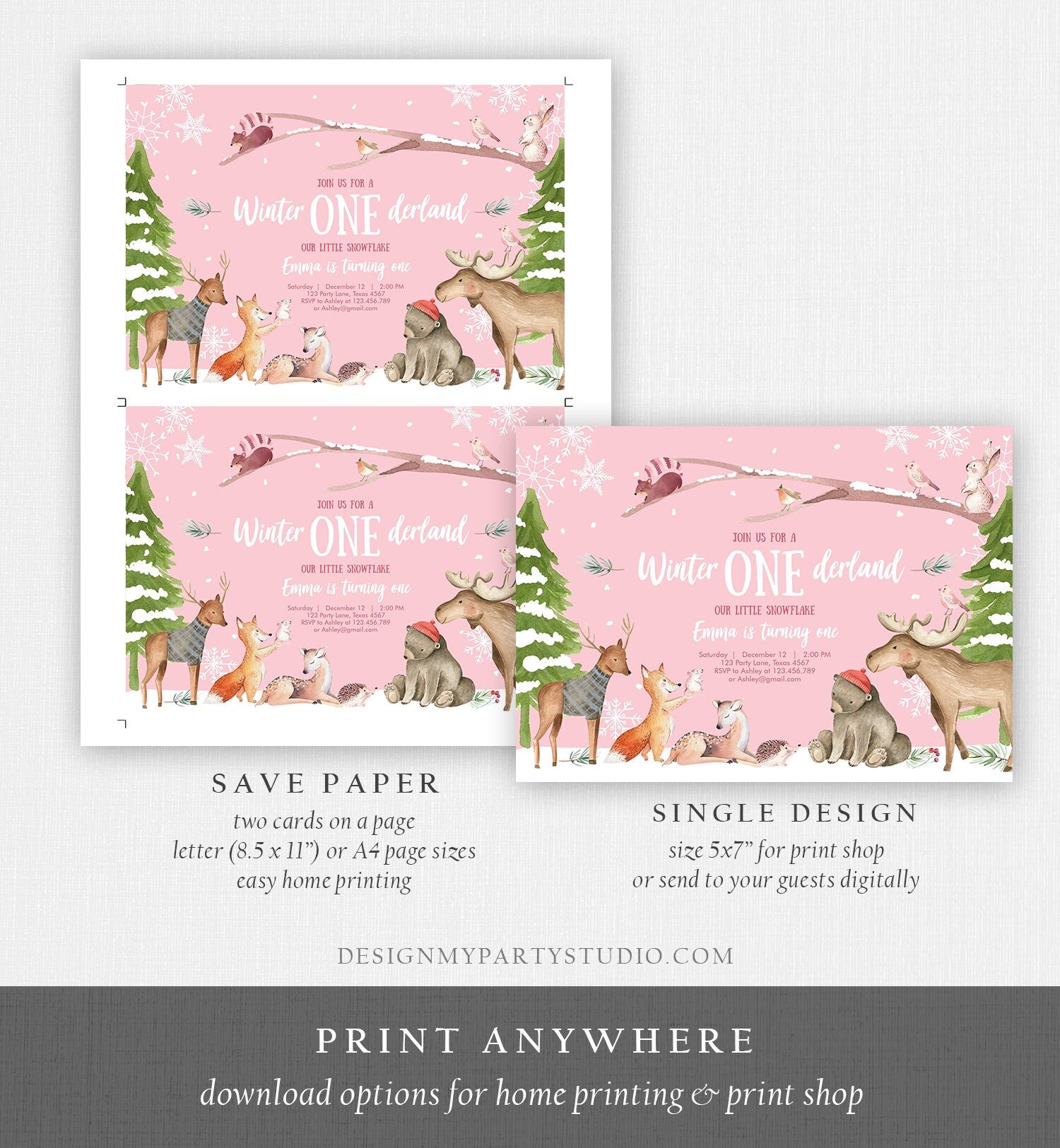 Editable ANY AGE Winter ONEderland Birthday Invitation First Birthday Snowflake Girl Pink Woodland Animals Printable Template Corjl 0195