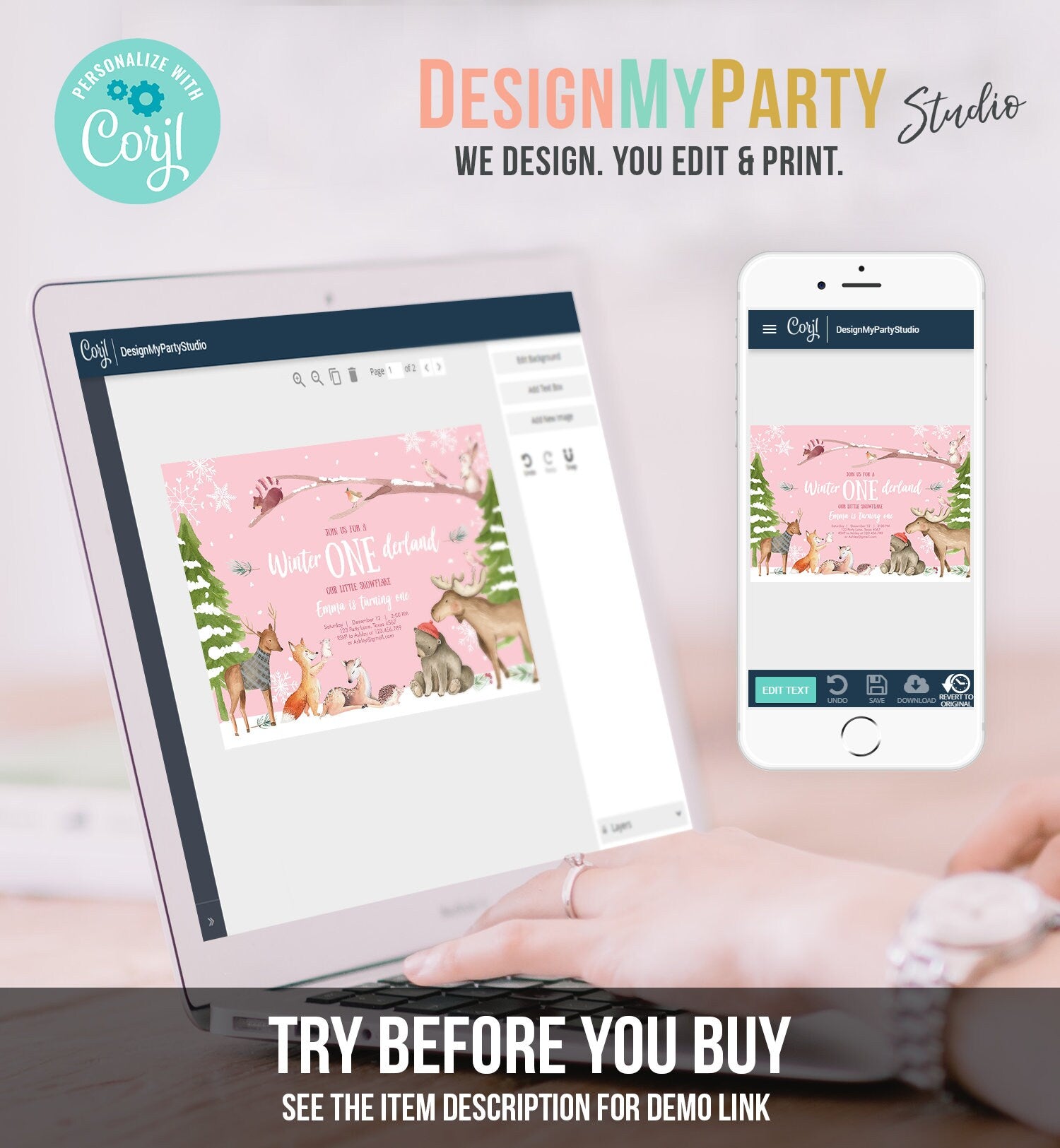 Editable ANY AGE Winter ONEderland Birthday Invitation First Birthday Snowflake Girl Pink Woodland Animals Printable Template Corjl 0195