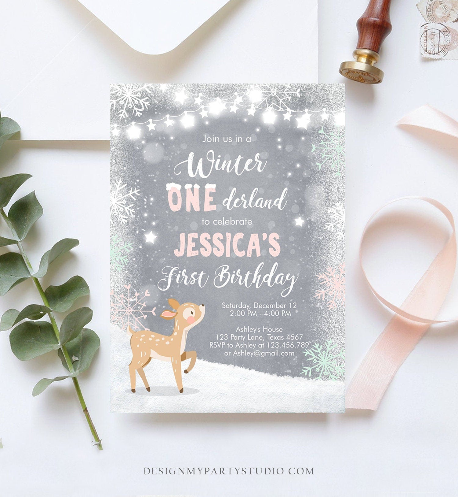 Editable Winter ONEderland Birthday Invitation First Birthday Snowflake Girl Pink Mint Grey Deer Printable Invitation Template Corjl 0109